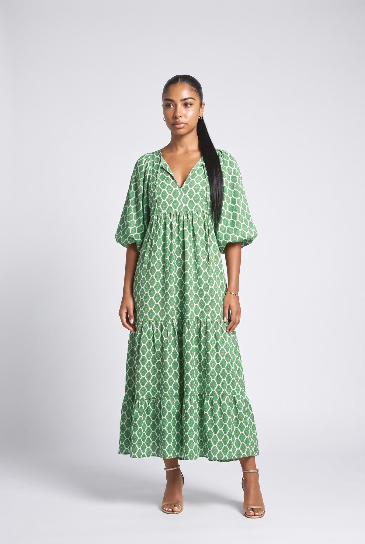 Bohemian Printed Maxi Dress, light green