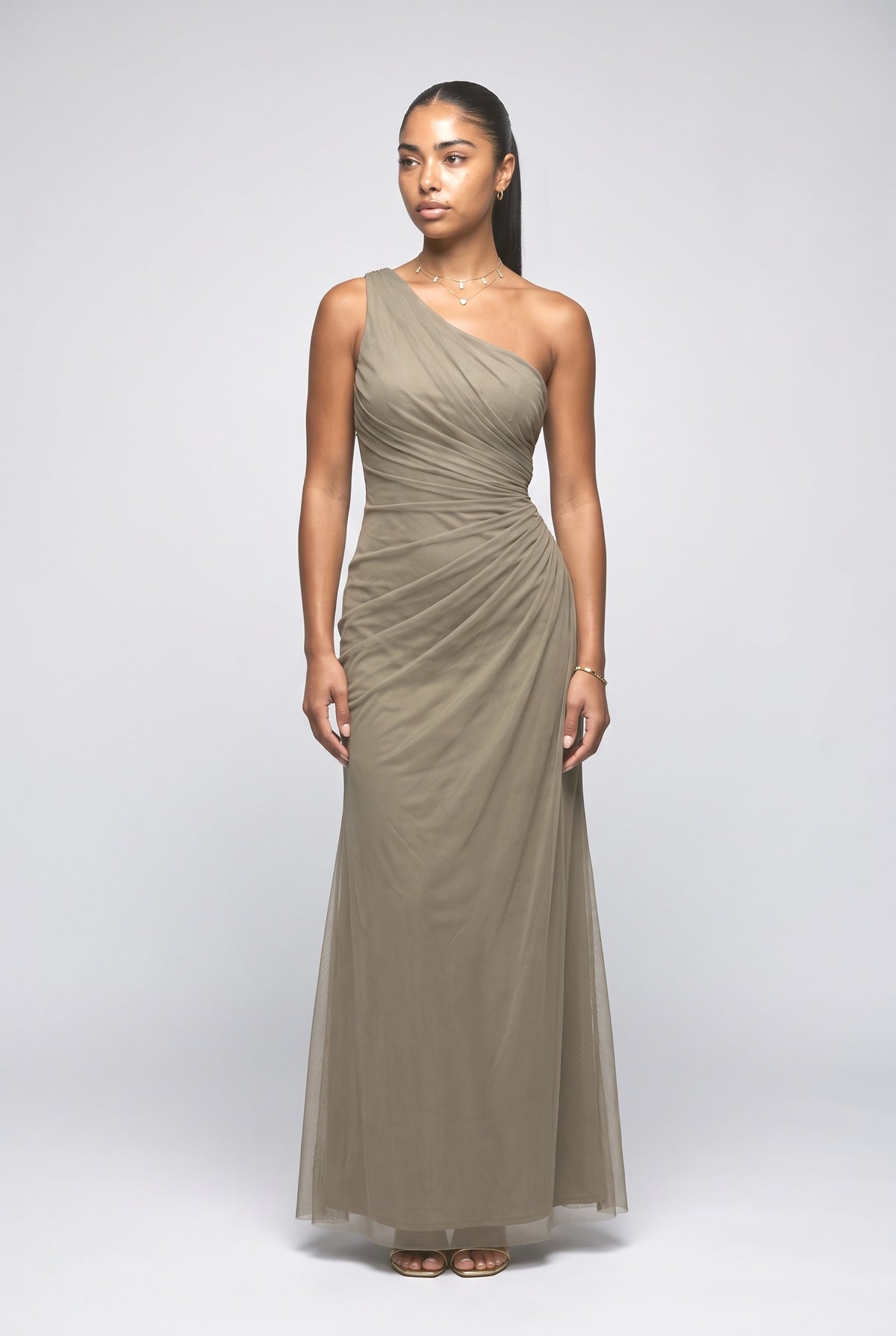 Tulle One-Shoulder Ruched Maxi Dress, light purple