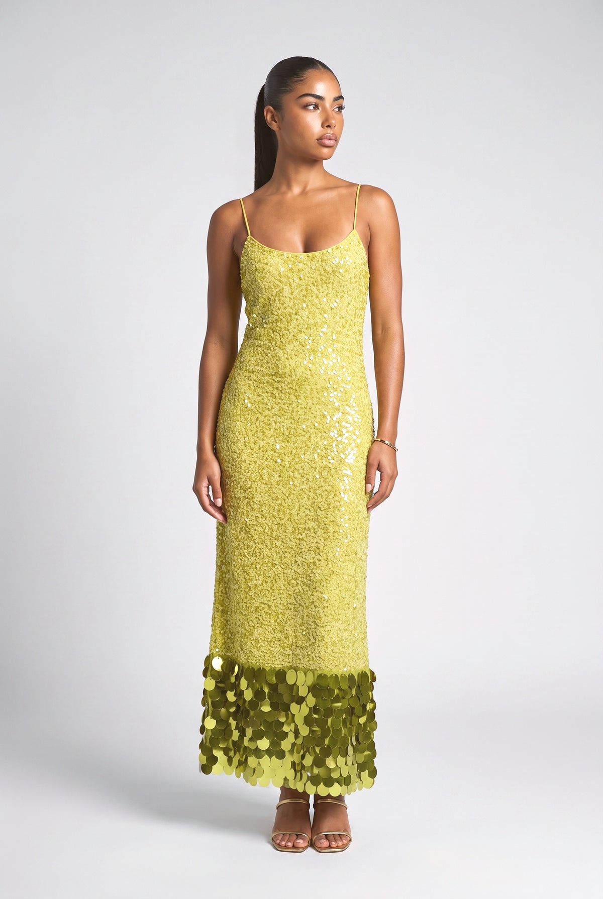 Green Sequin Strappy Maxi Dress, lime green