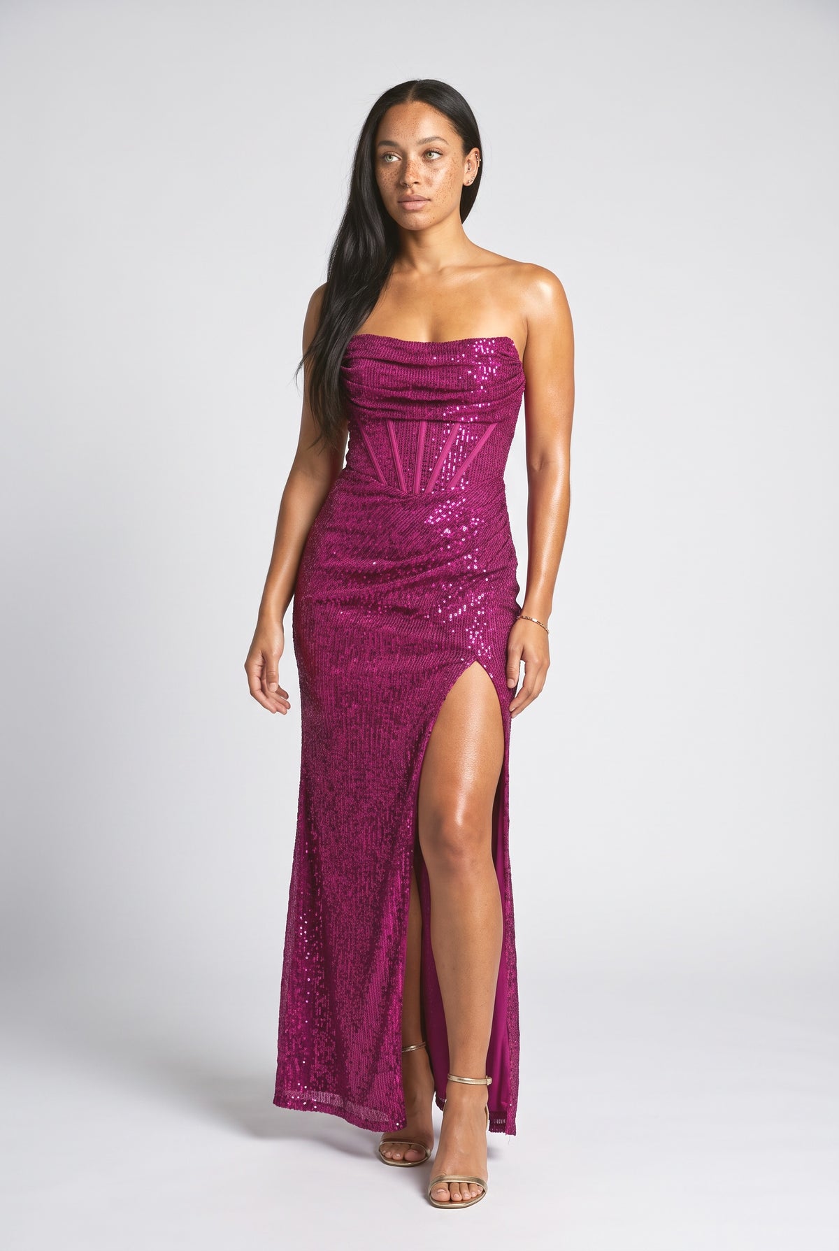 Sequin Strapless Slit Maxi Dress, magenta