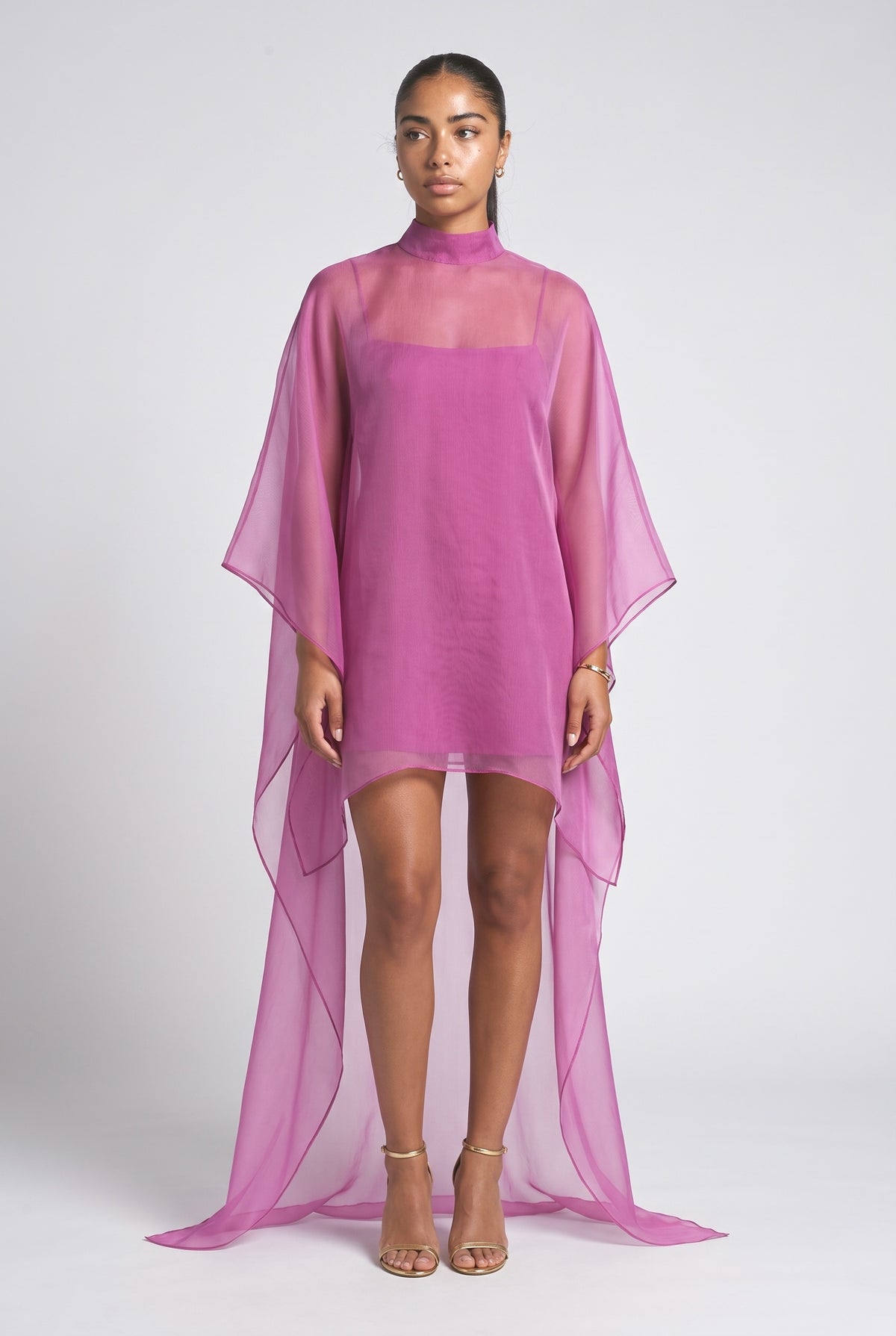 Pink Sheer Cape Mini Dress, magenta