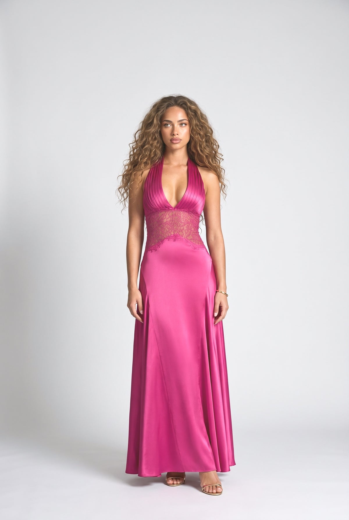 Satin Halter Neck Pleated Maxi Dress, magenta