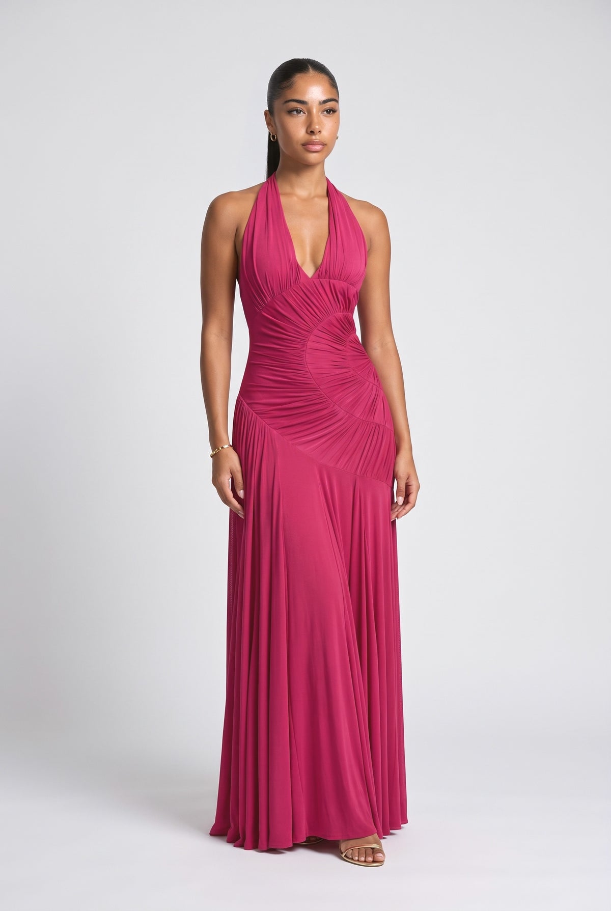 Halter Neck Ruched Pleated Maxi Dress, magenta