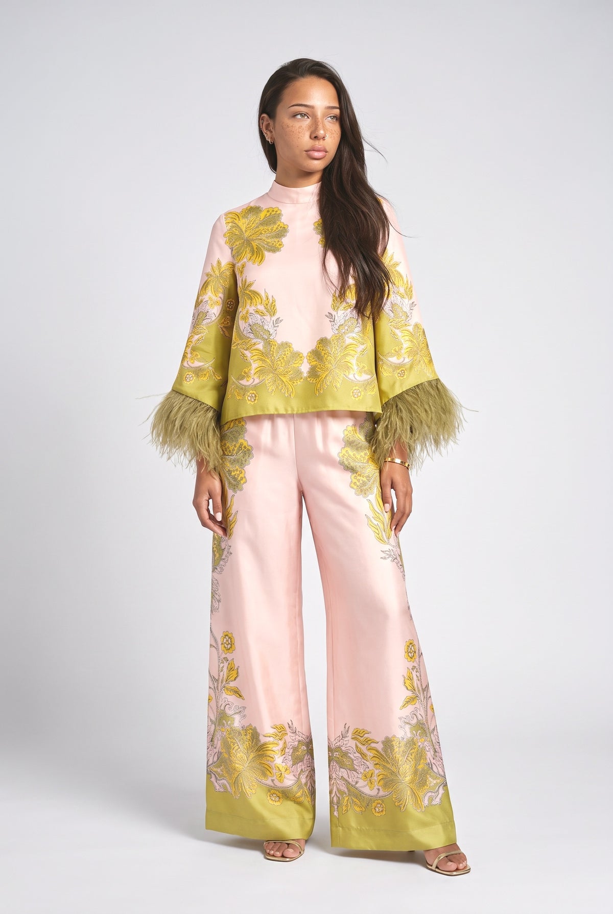 Multicolor Floral Feather Trim Outfit Set, multi set