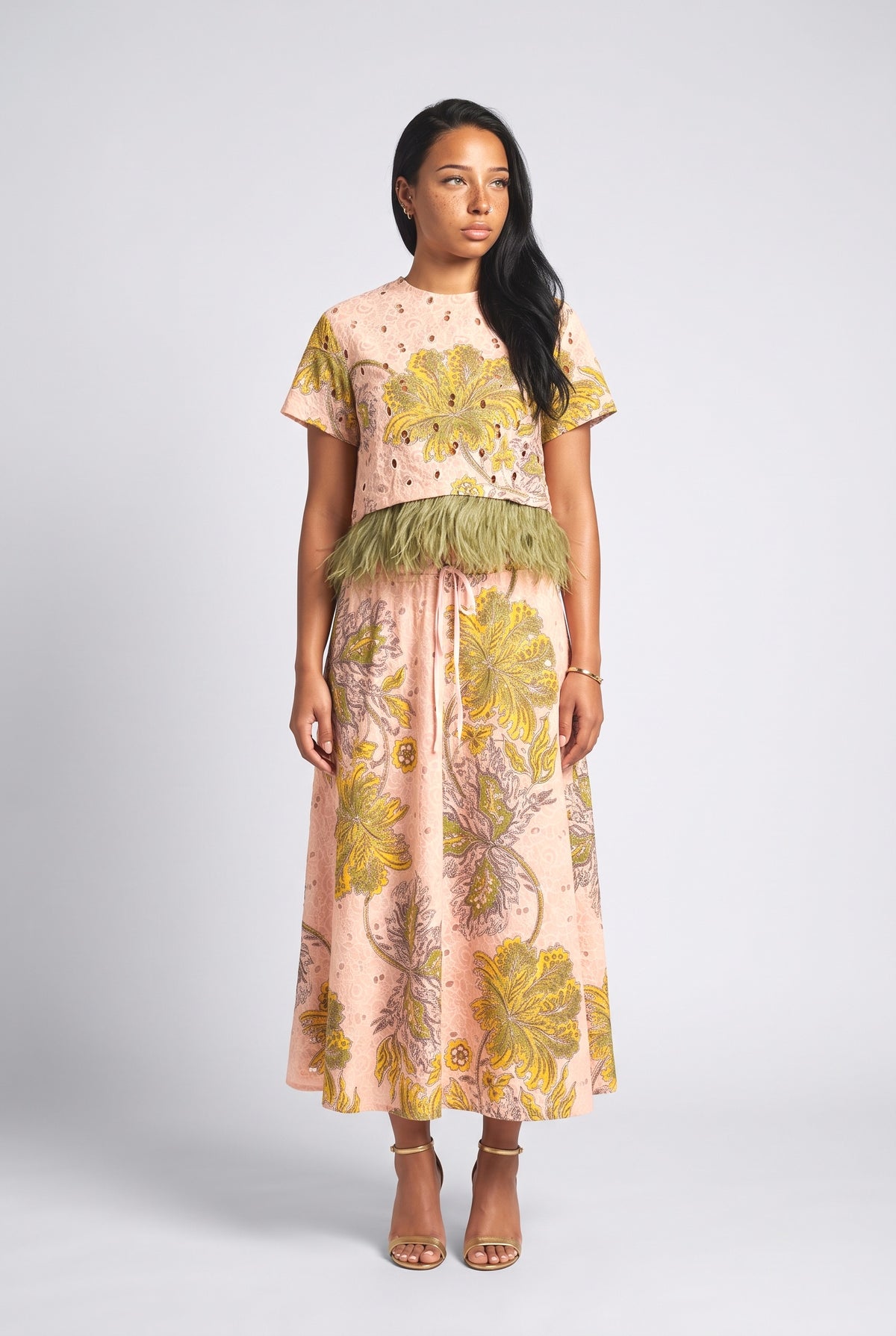 Multicolor Paisley Feather Trim Outfit Set, multi set