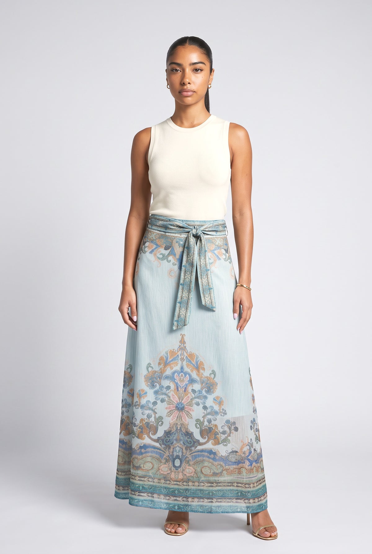 Paisley Pattern Self-Tie Belt Long Skirt, multi skirt