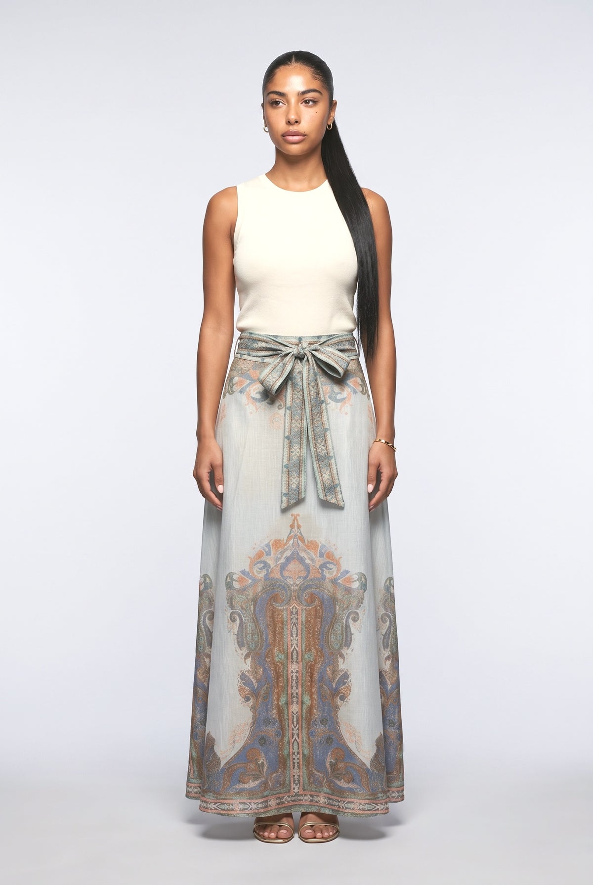 Paisley Pattern Self-Tie Belt Long Skirt, multi top