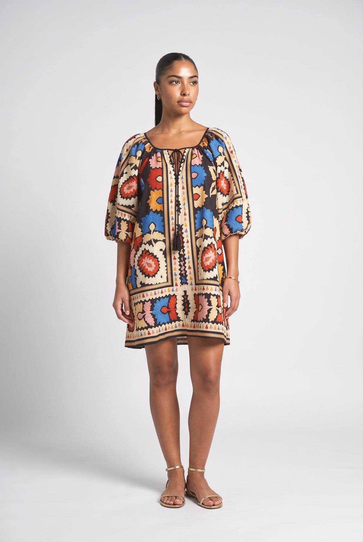 Bohemian Style Ethnic Print Short-sleeved Mini Dress, multi