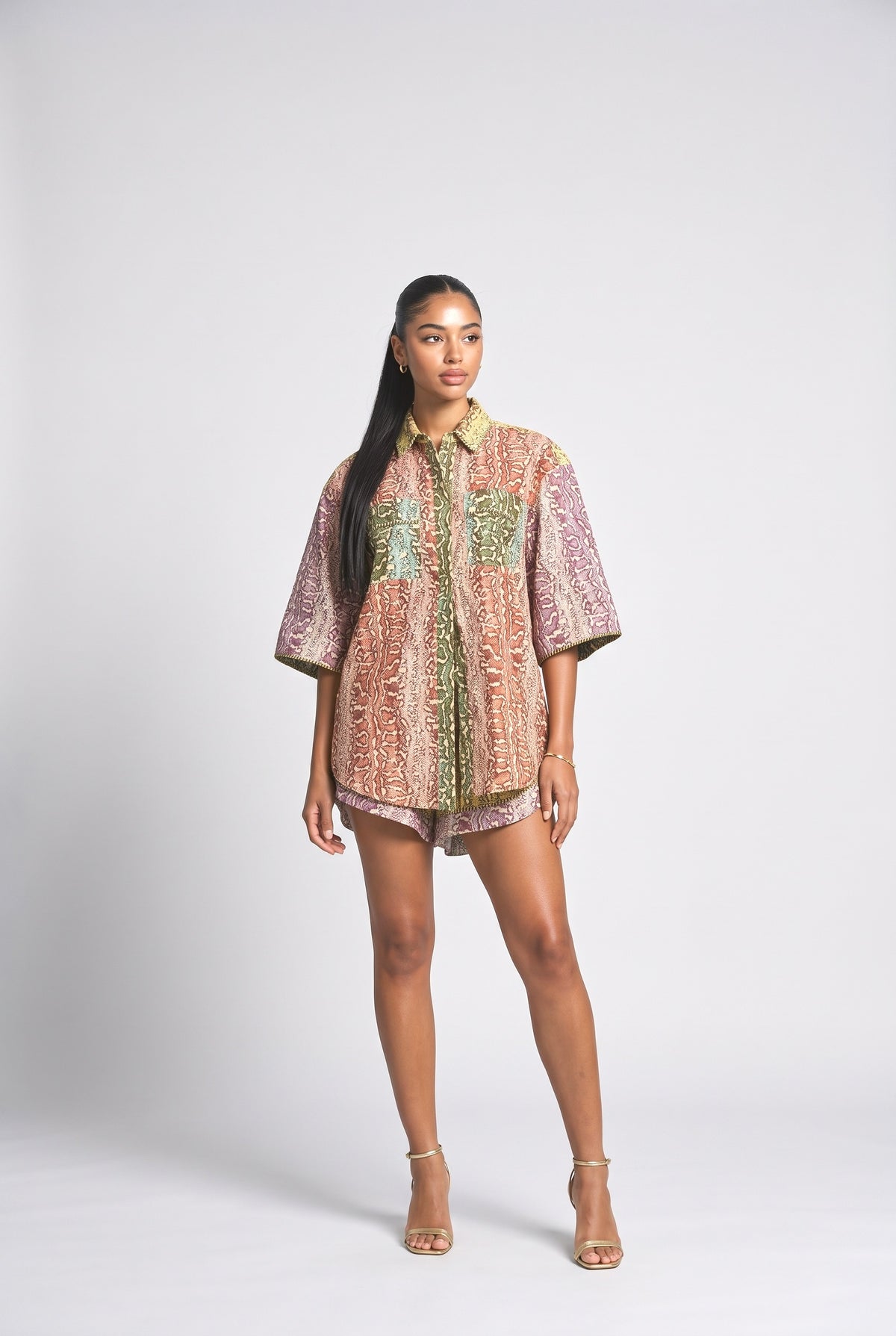 Patchwork Snakeskin Print Shirt & Shorts Set, multi