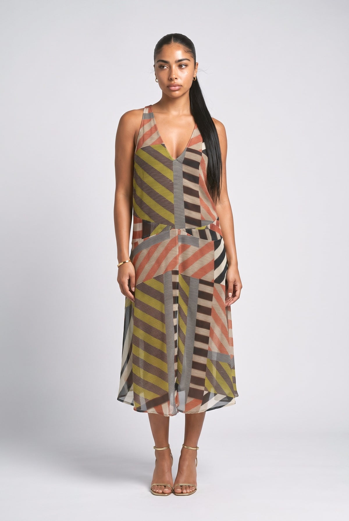 Geometric Stripe Print Flowing Maxi Dress, multi