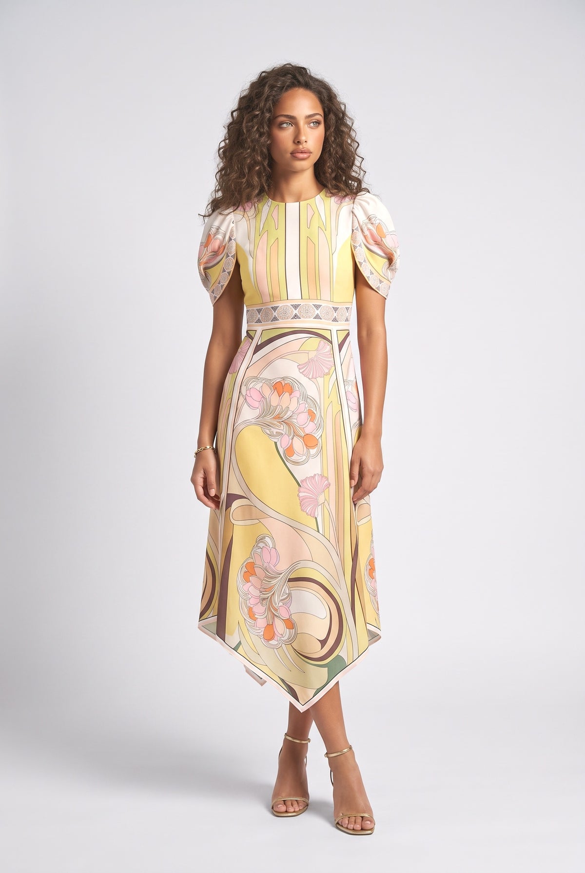 Multicolor Floral Puff Sleeve Asymmetric Midi Dress, multi