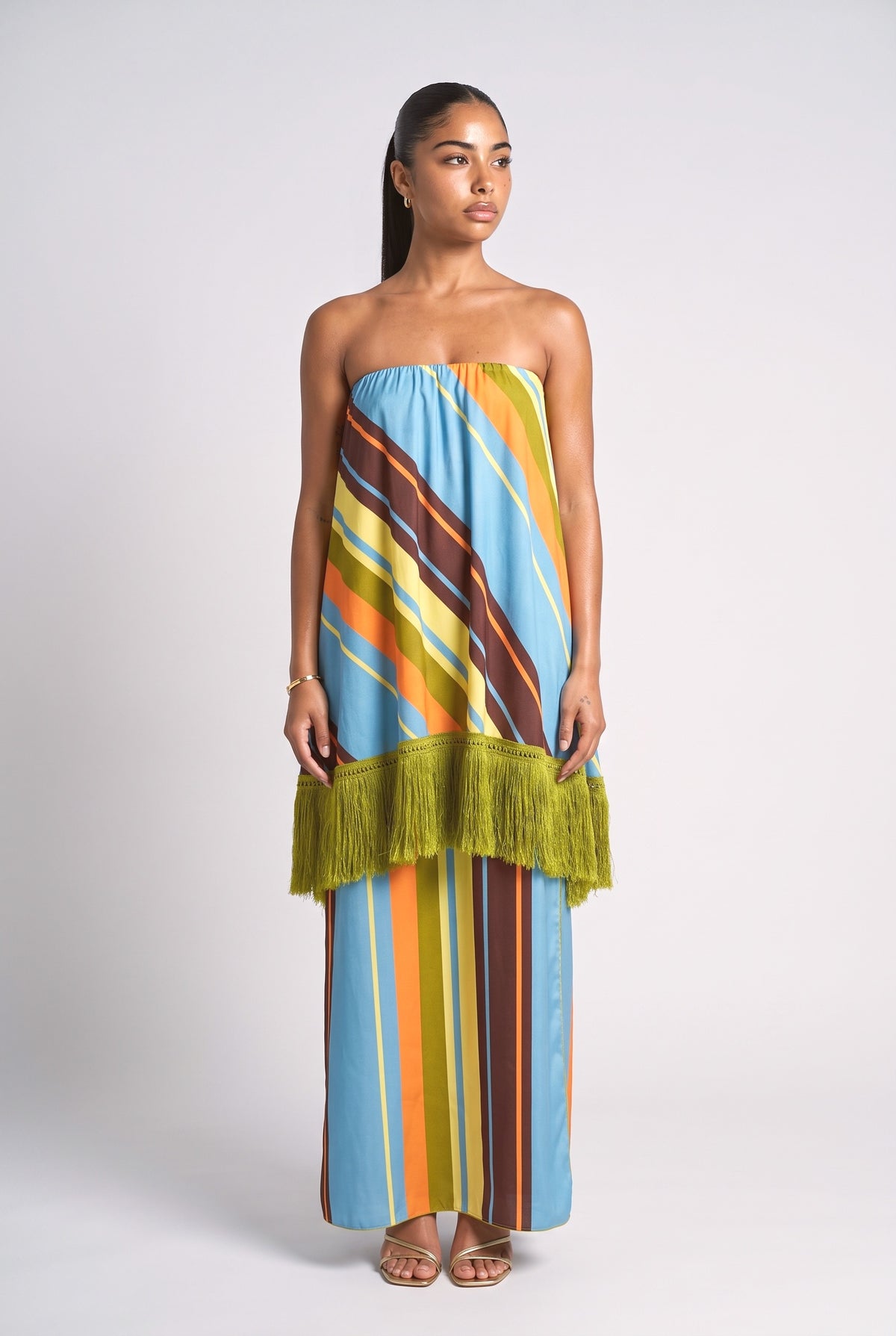 Multicolor Striped Strapless Fringe Maxi Dress, multi