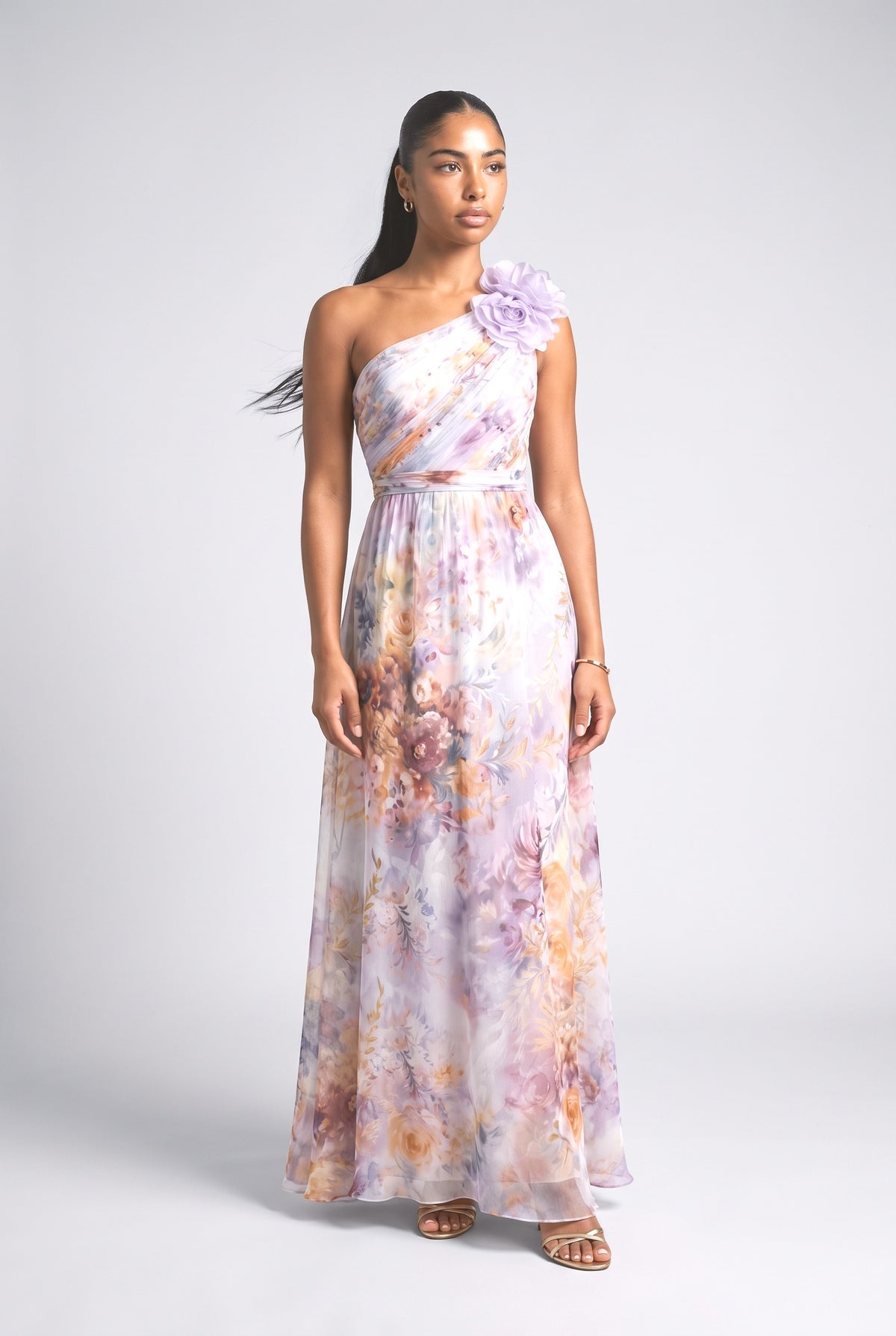 Multicolor Floral Chiffon One-Shoulder Maxi Dress, multi