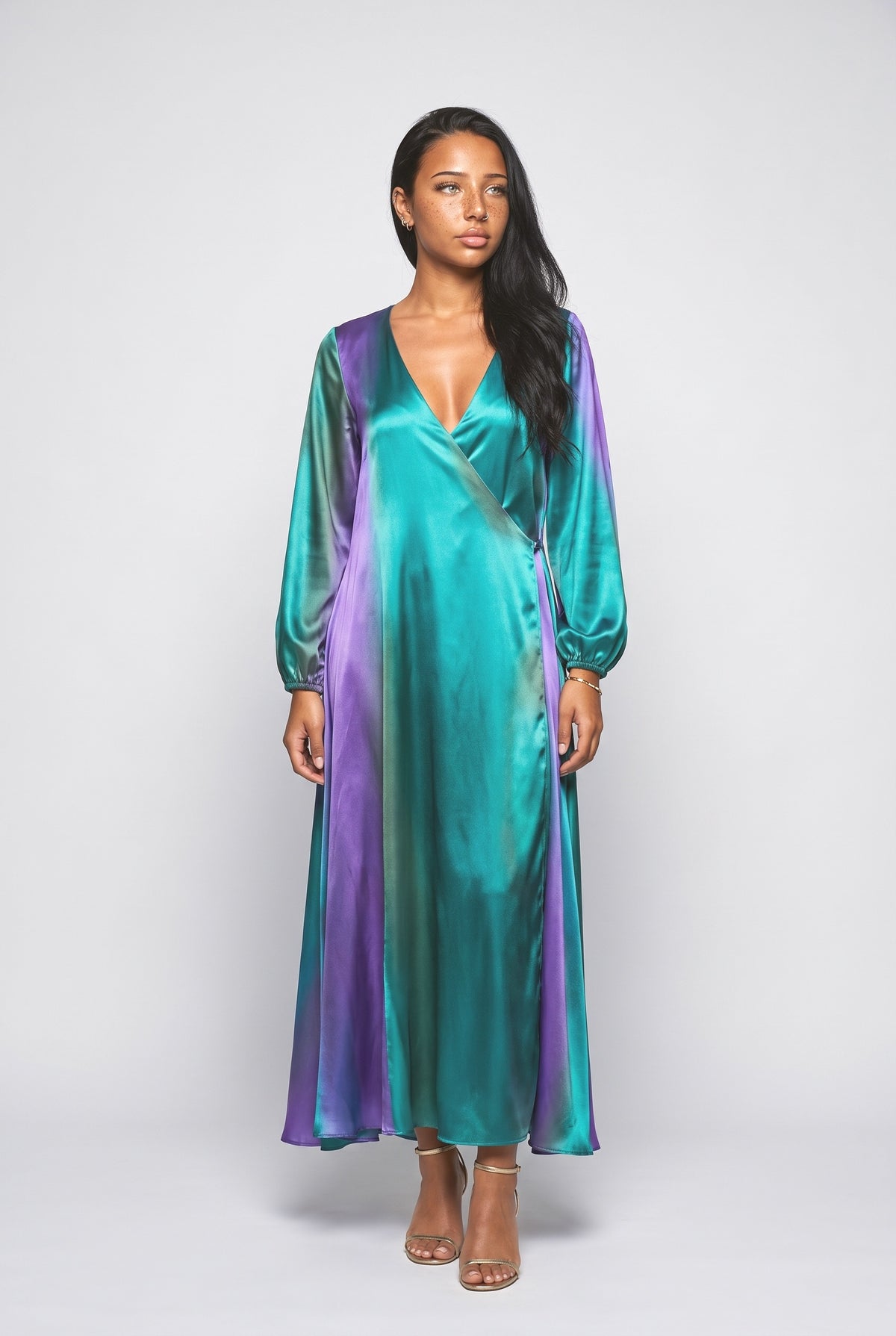 Multicolor Satin V-Neck Maxi Dress, multi