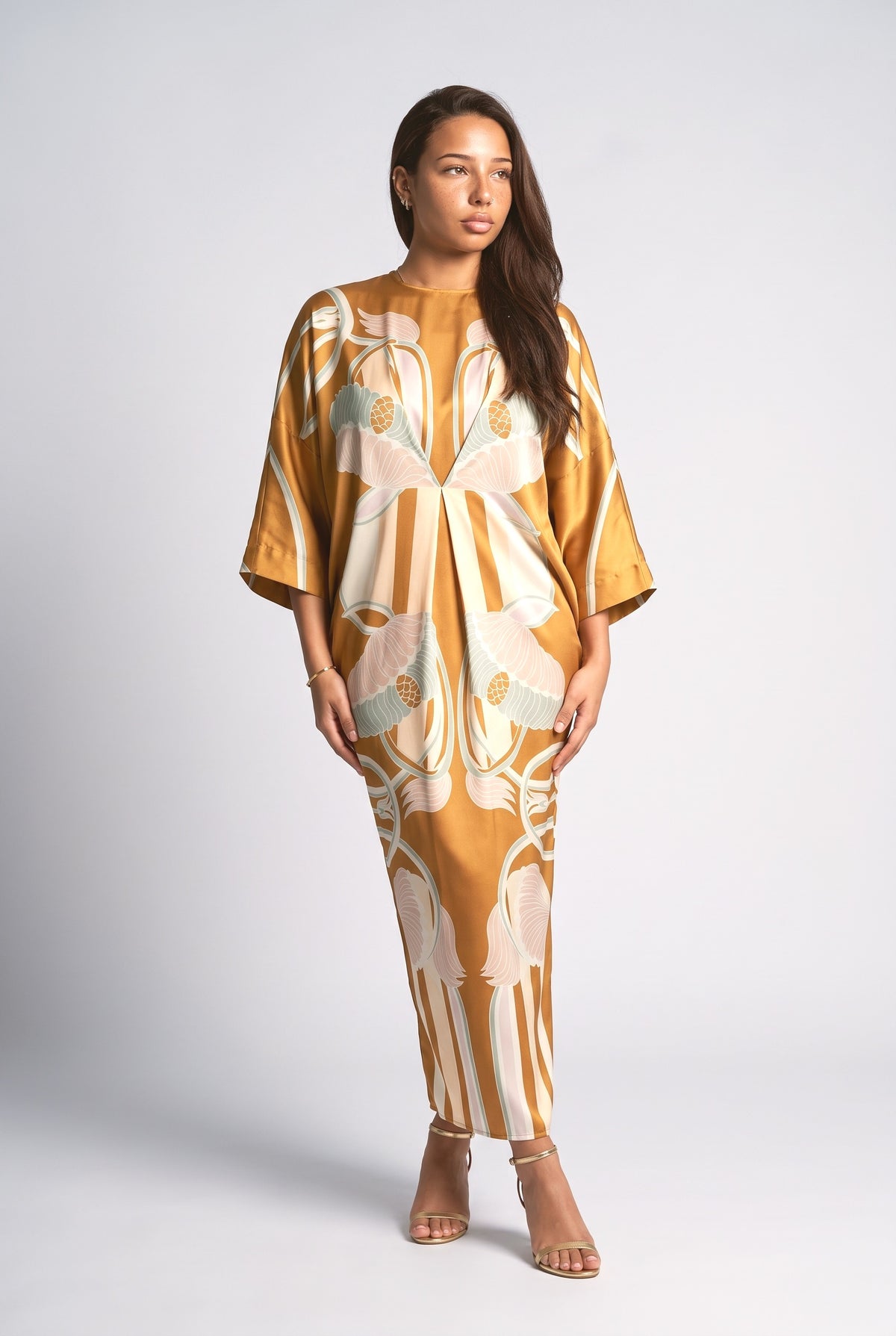 Multicolor Floral Satin Batwing Sleeve Maxi Dress, multi