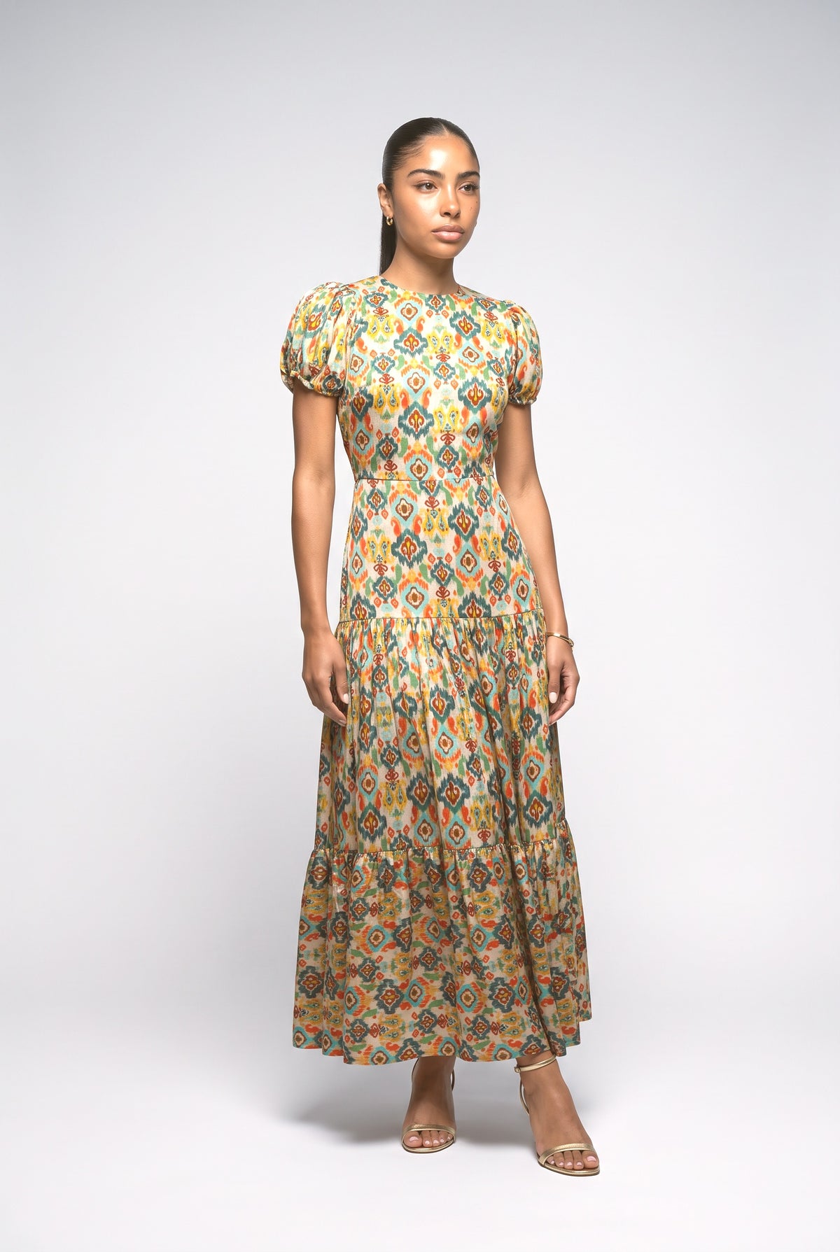 Delicate Satin Vintage Multicolor Print Maxi Dress, multi