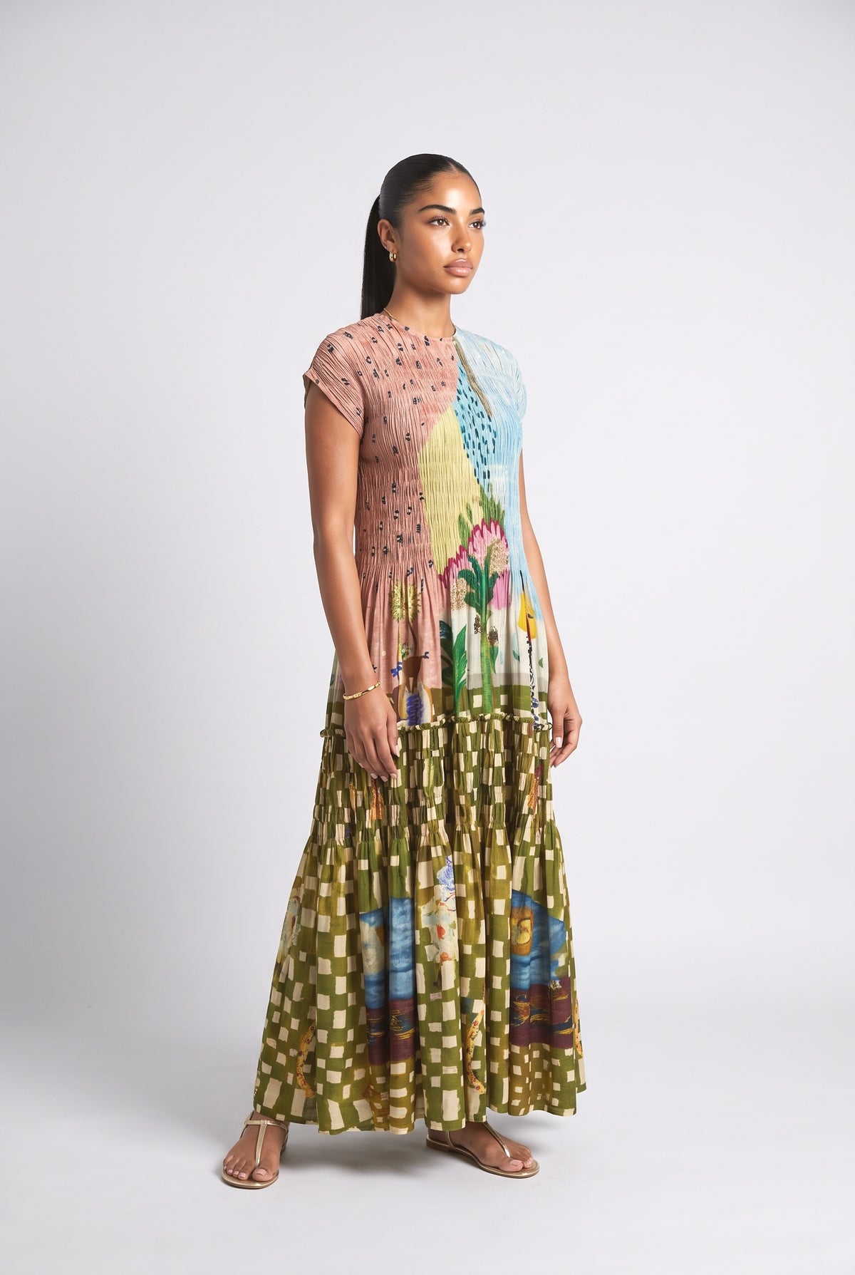 Pleated Print Maxi Dress, multi