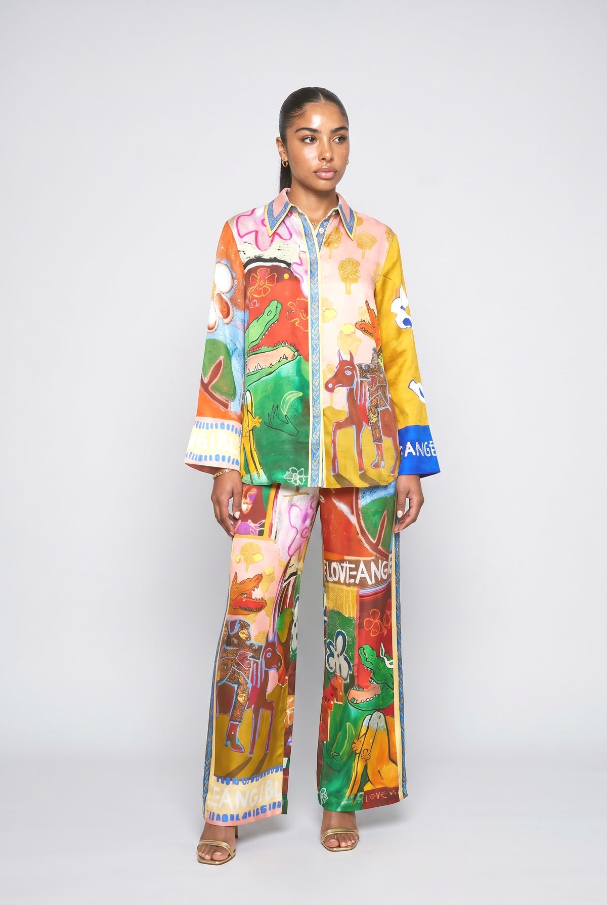 Multicolor Abstract Satin Outfit Set, multi