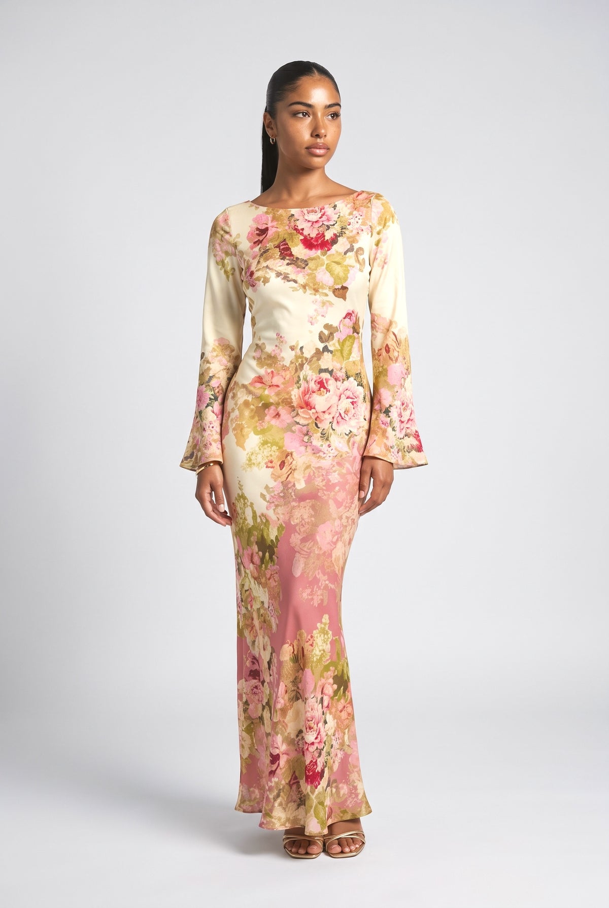 Floral Satin Maxi Dress, multi