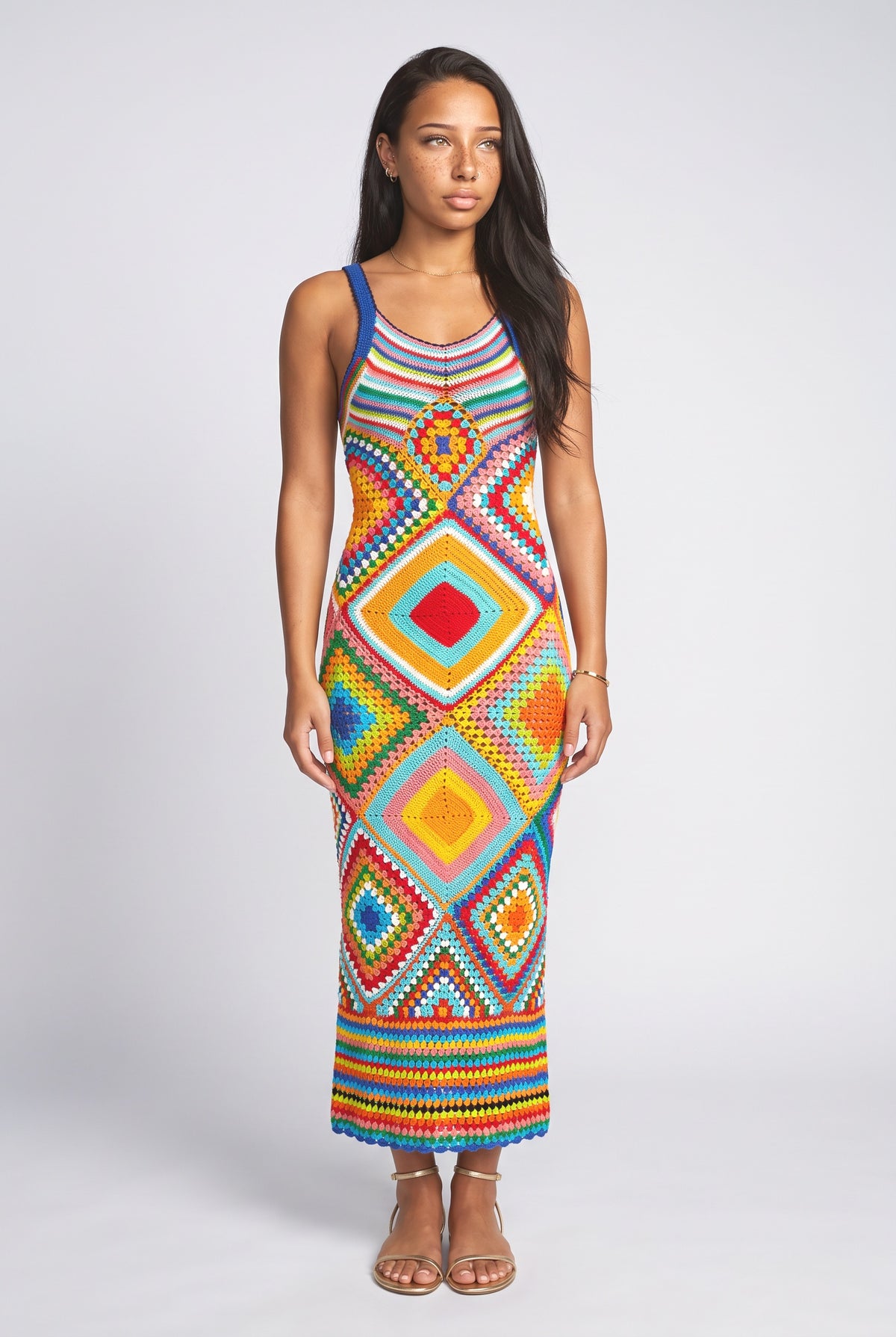 Multicolor Geometric Crochet Midi Dress, multi