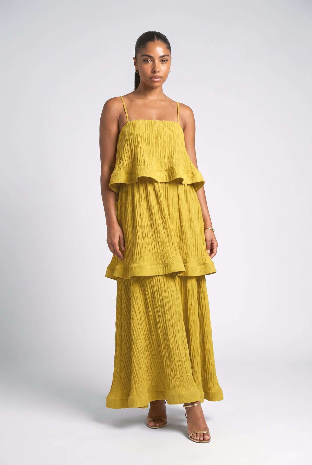 Strappy Tiered Maxi Dress, mustard yellow
