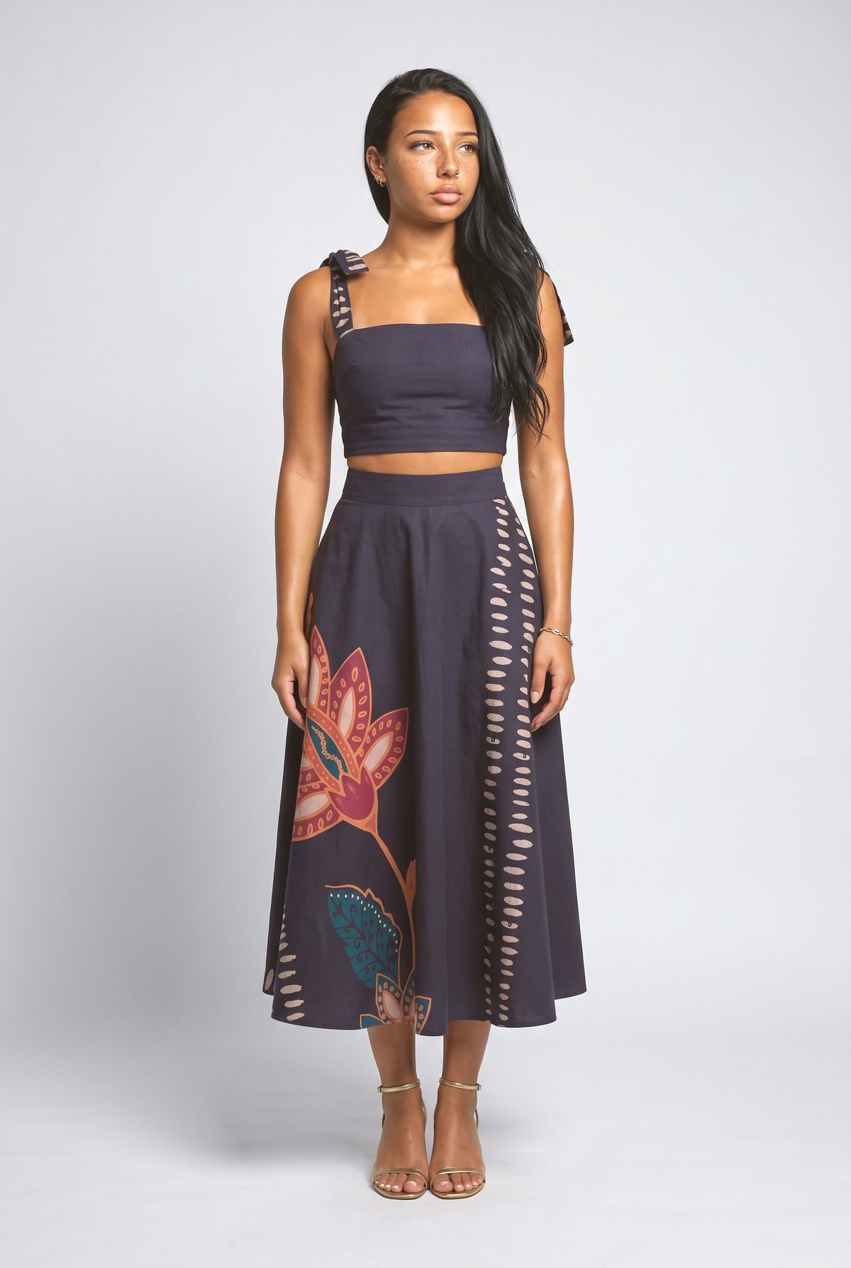 Floral A-Line Midi Skirt, navy blue set