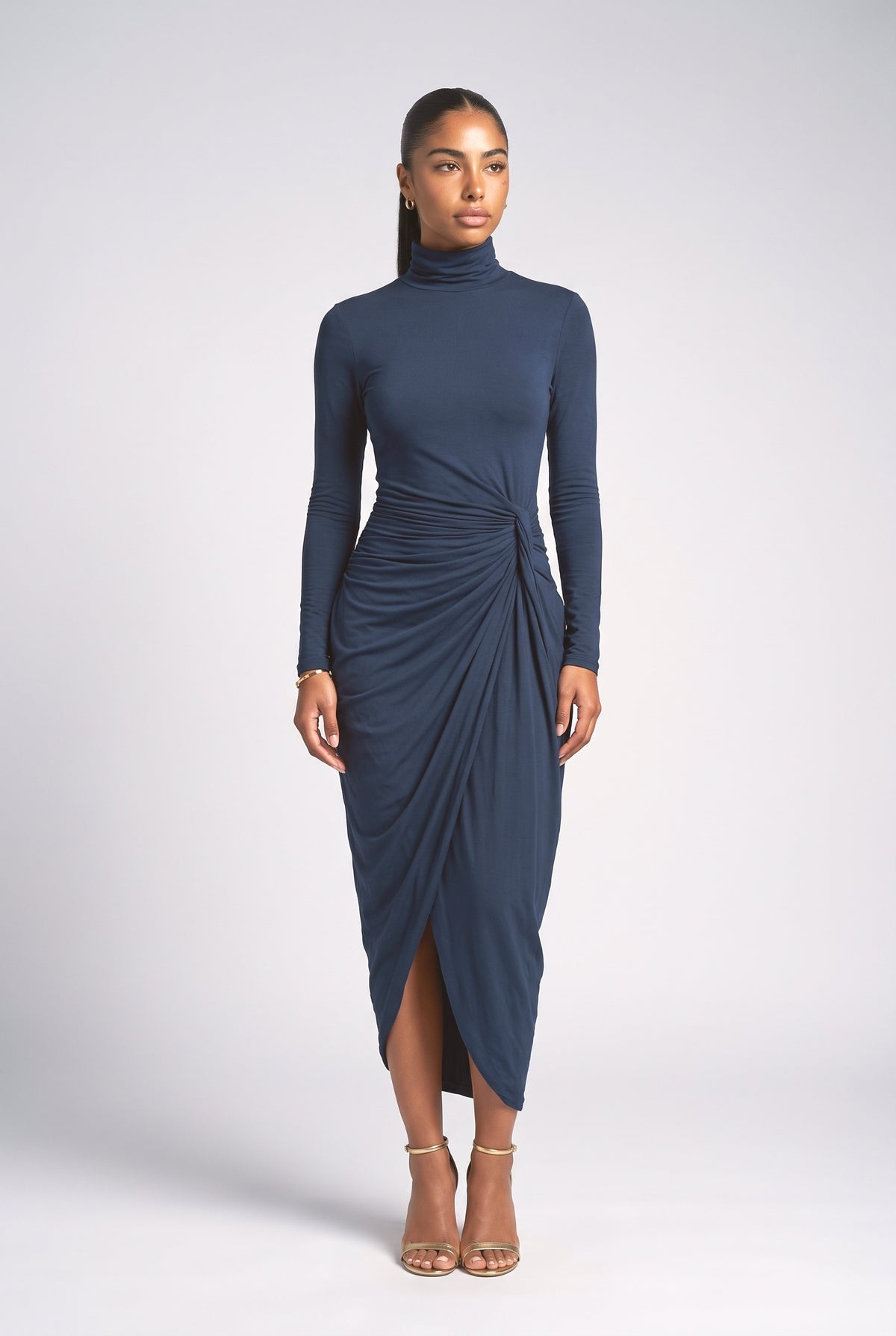 Navy Turtleneck Slit Midi Dress, navy blue