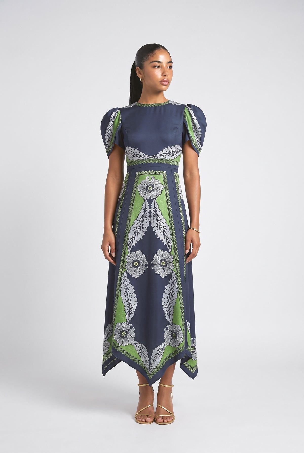 Navy Print Satin Midi Dress, navy