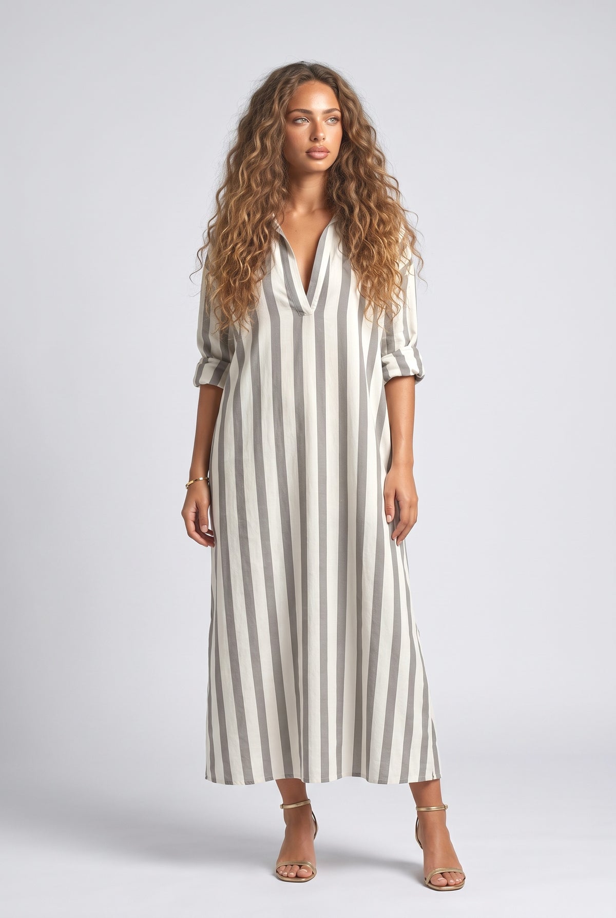Striped V-Neck Dress, navy