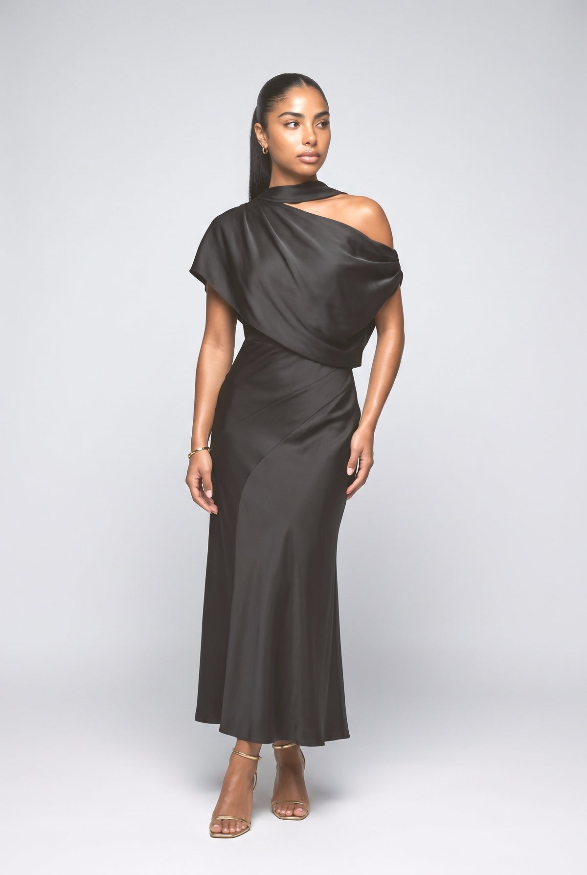 Green Satin One-Shoulder Asymmetric Dress, olive green