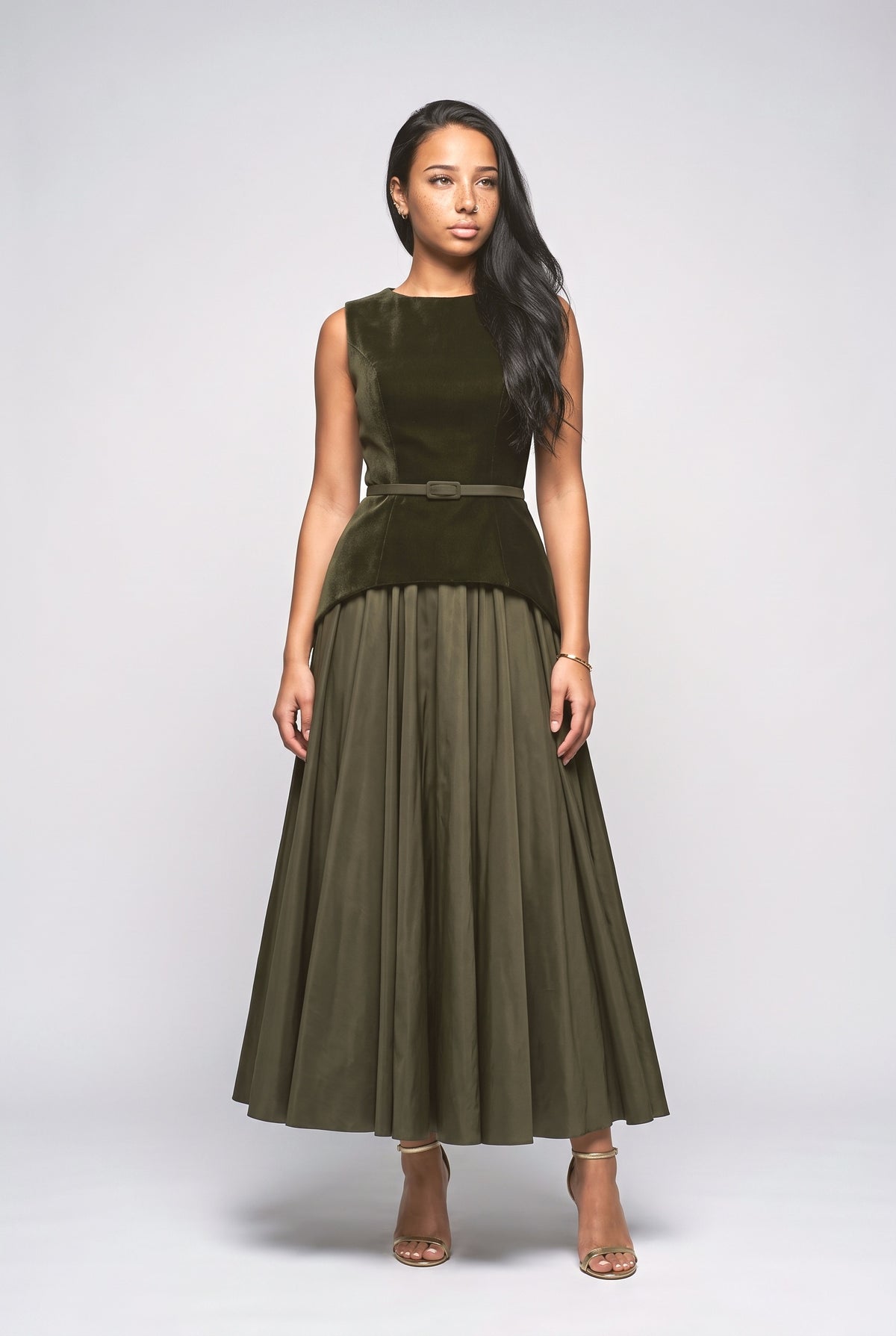 Green A-Line Maxi Dress, olive green