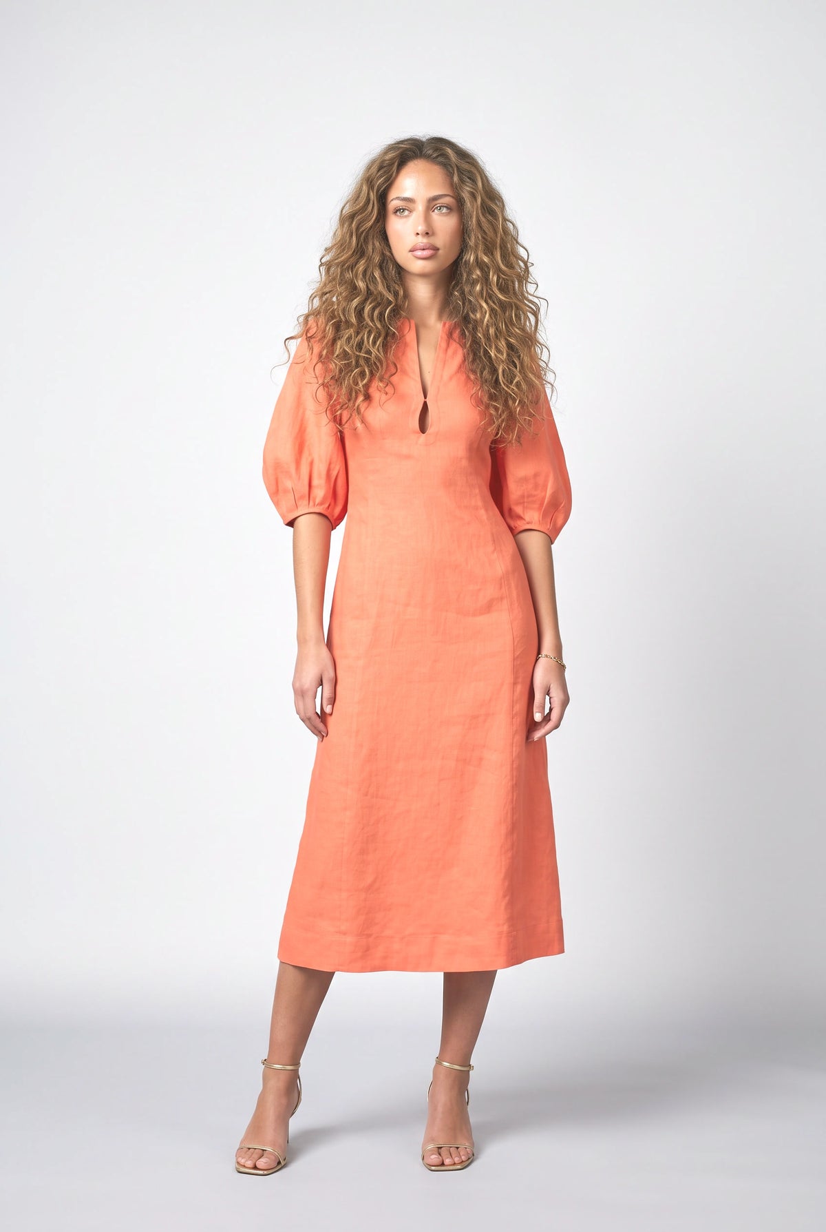 Orange Puff Sleeve A-Line Midi Dress, orange