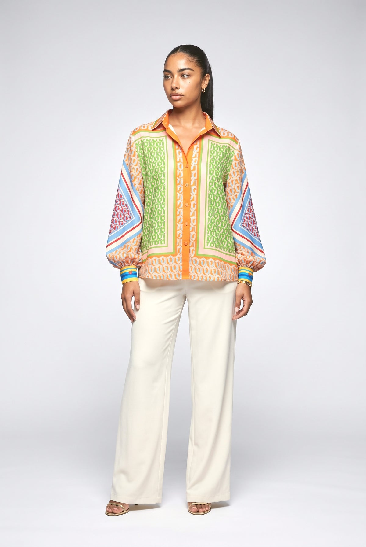 Colorful Print Balloon Sleeve Button Loose Shirt, orange