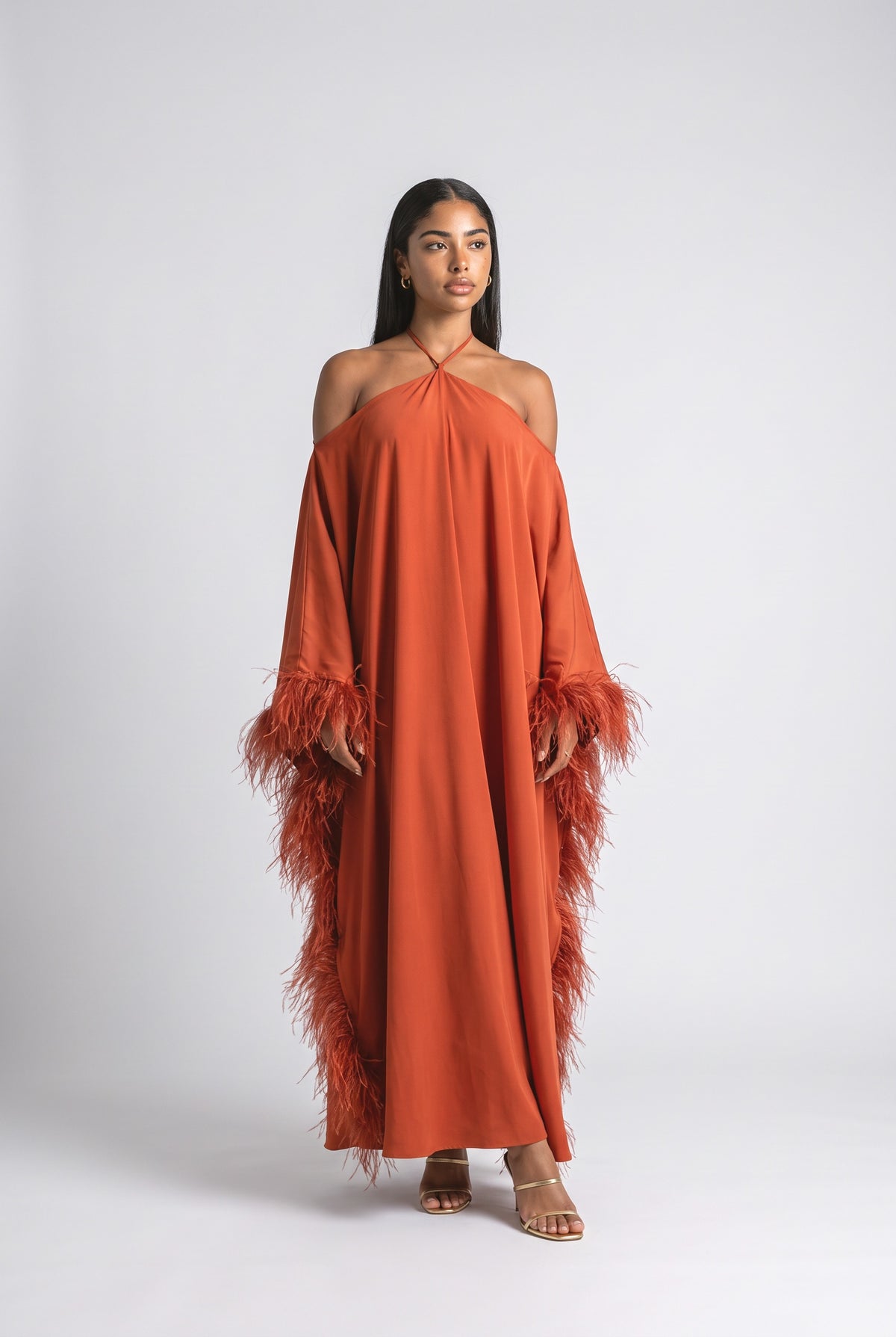 Halter Neck Feather Trim Maxi Dress, orange