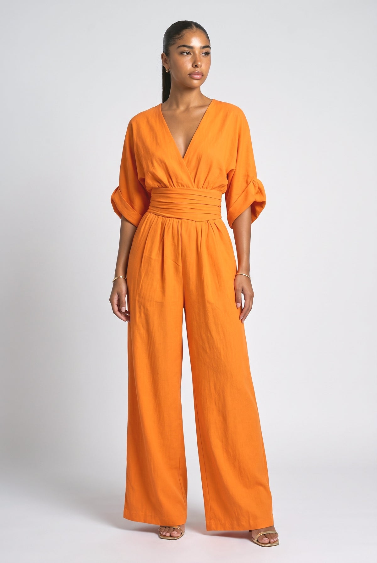 High-Waist Pleated Designs Jumpsuit, orange
