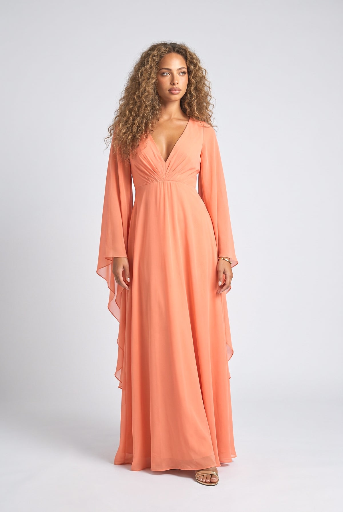 Draped Head Sleeve Chiffon Maxi Dress, orange