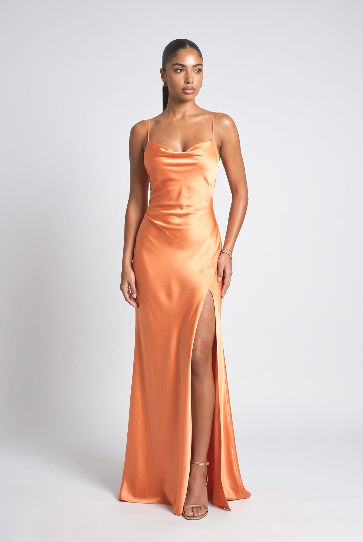 Orange Satin Cowl Neck Maxi Dress, orange