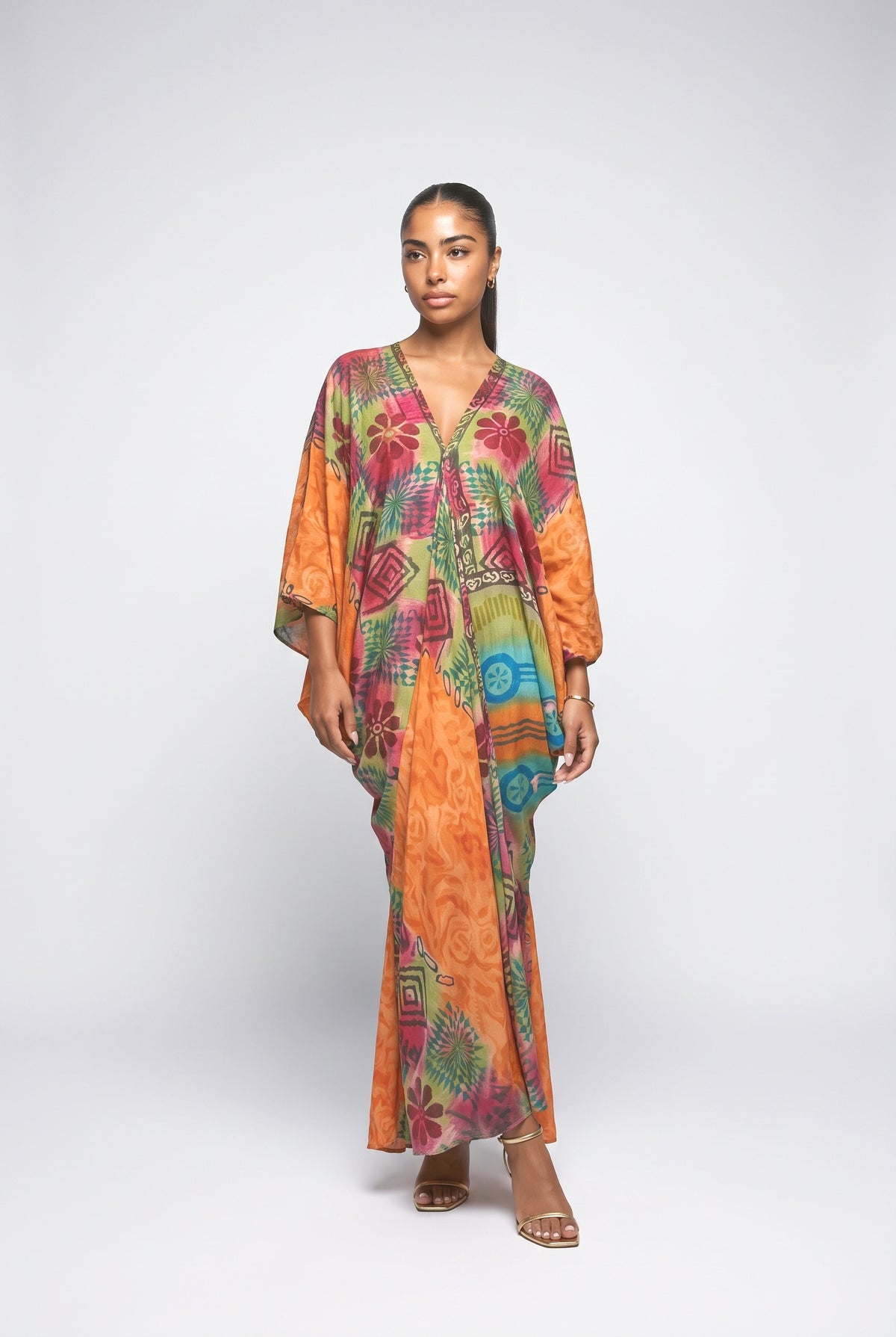 Orange Floral V-Neck Maxi Dress, orange