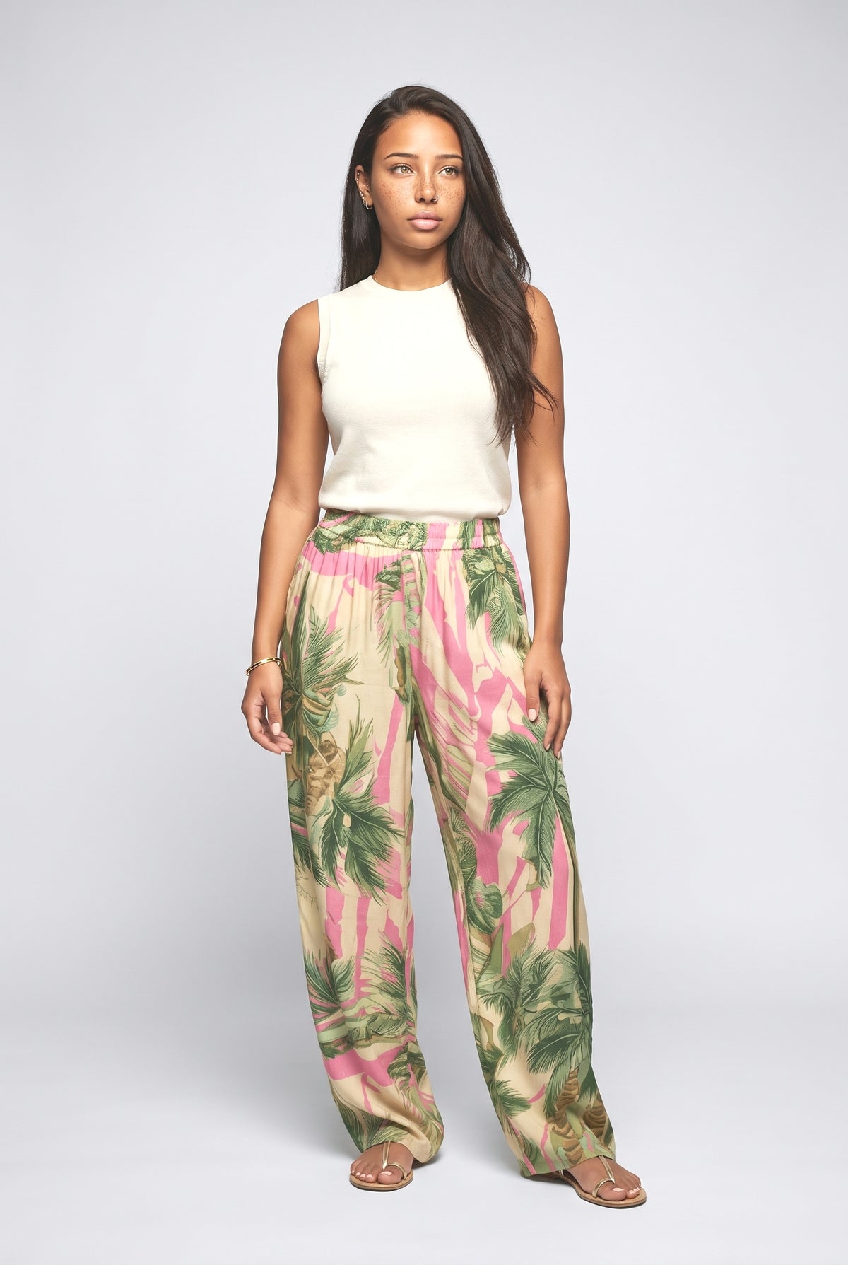 Bohemian Tropical Print High-Waist Wide-Leg Pants, pink pants