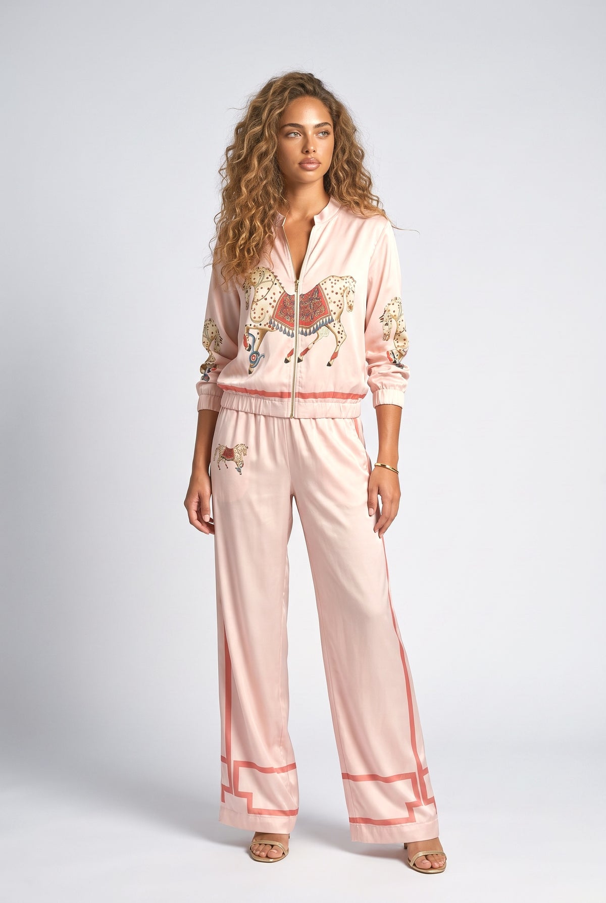 Satin Horse Print Zip Jacket & Wide-Leg Pants Two-Piece Set, pink set