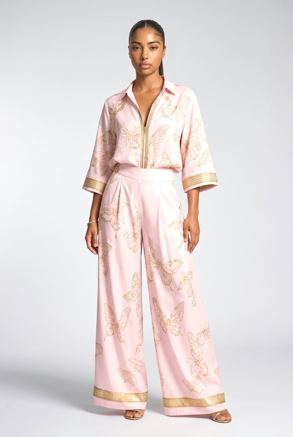 Butterfly Print Zip-Up Top & Wide Leg Pants Set, pink set