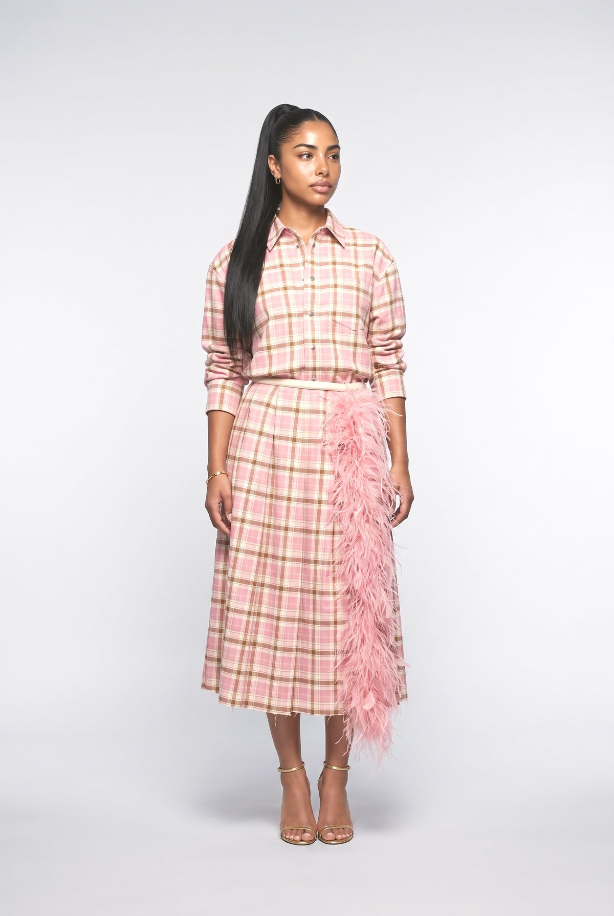Plaid Feather Trim Outfit Set, pink skirt