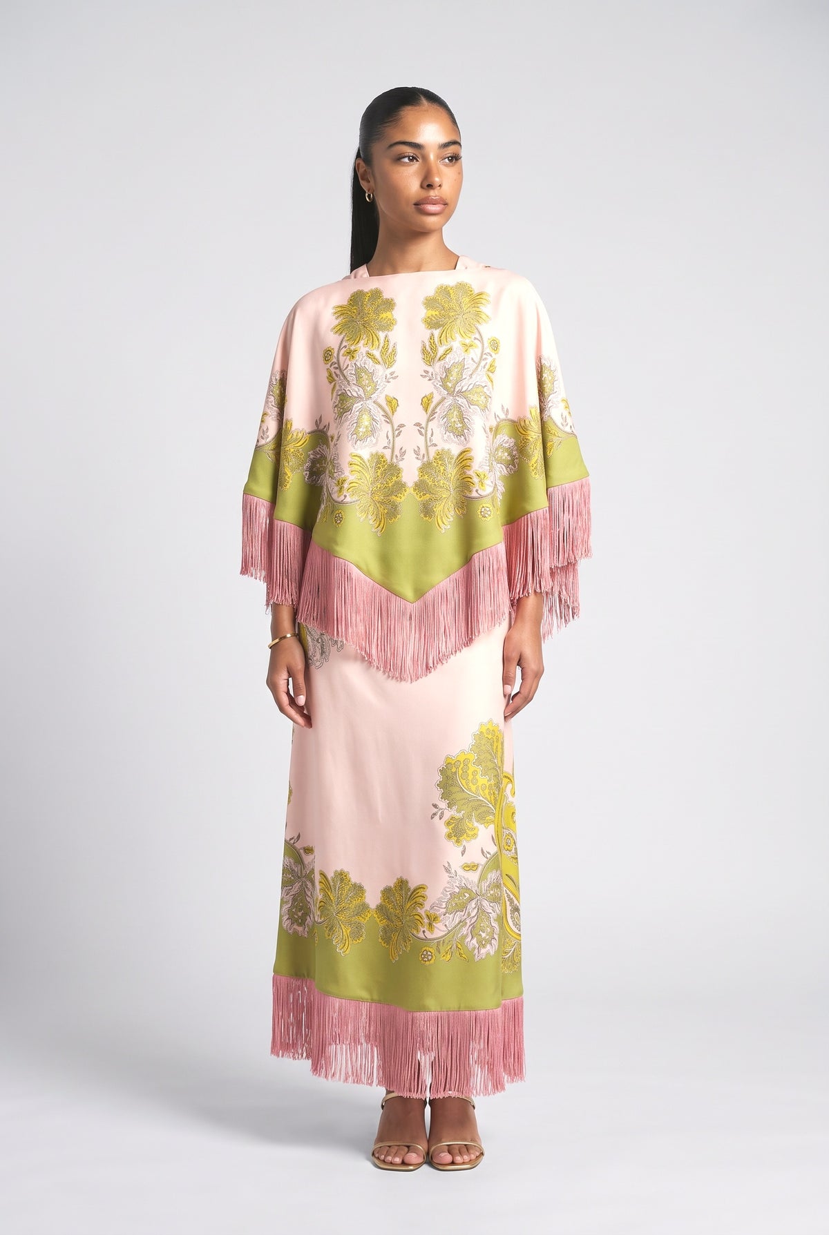 Batwing Sleeve Fringe Outfit Set, pink top