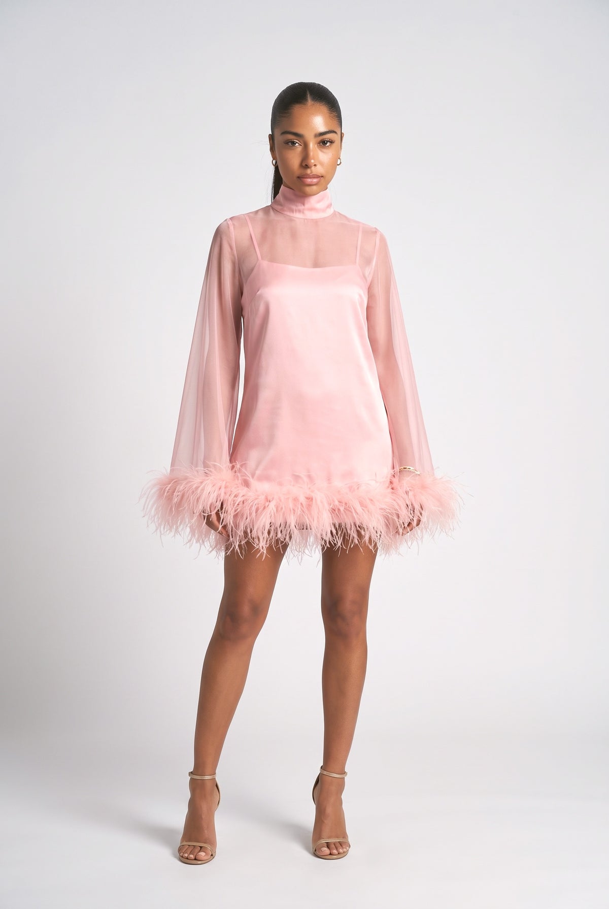 Pink Sheer Feather Trim Mini Dress, pink