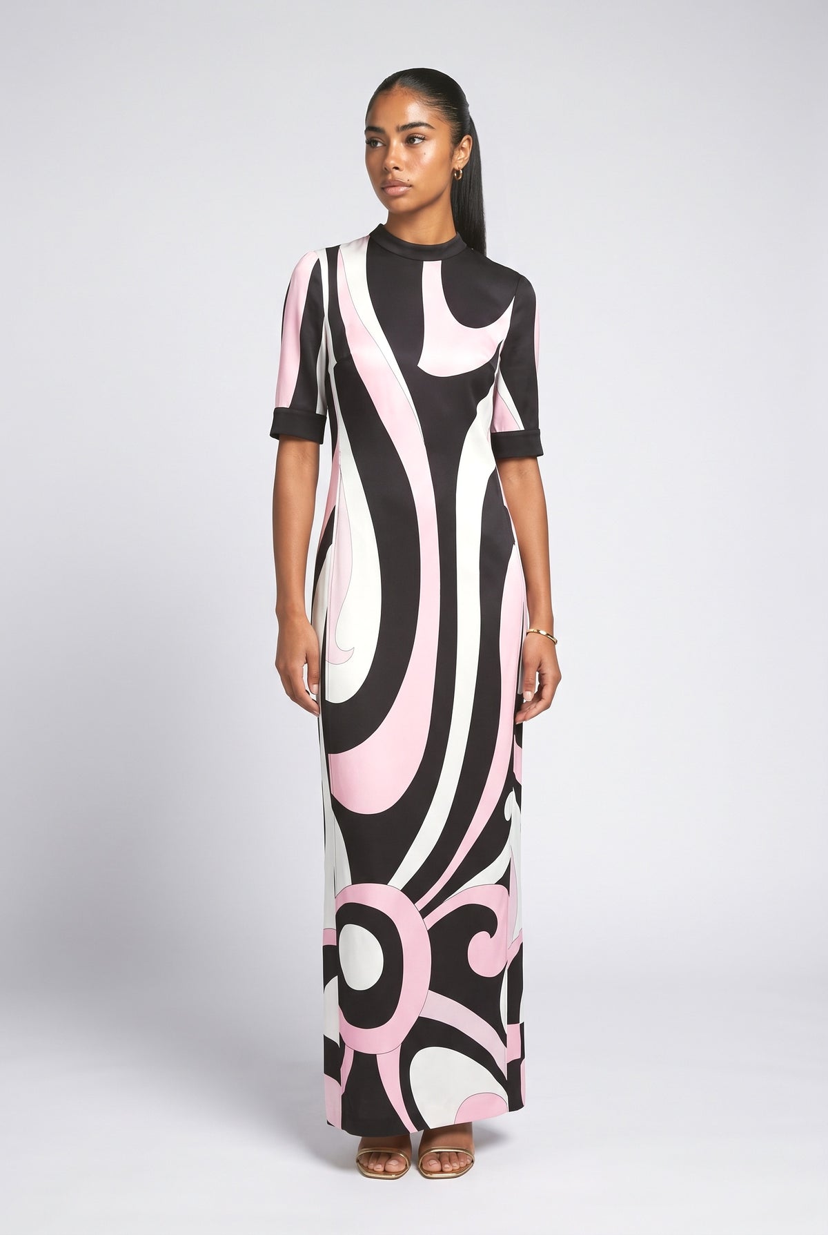 Pink Print Satin Maxi Dress, pink