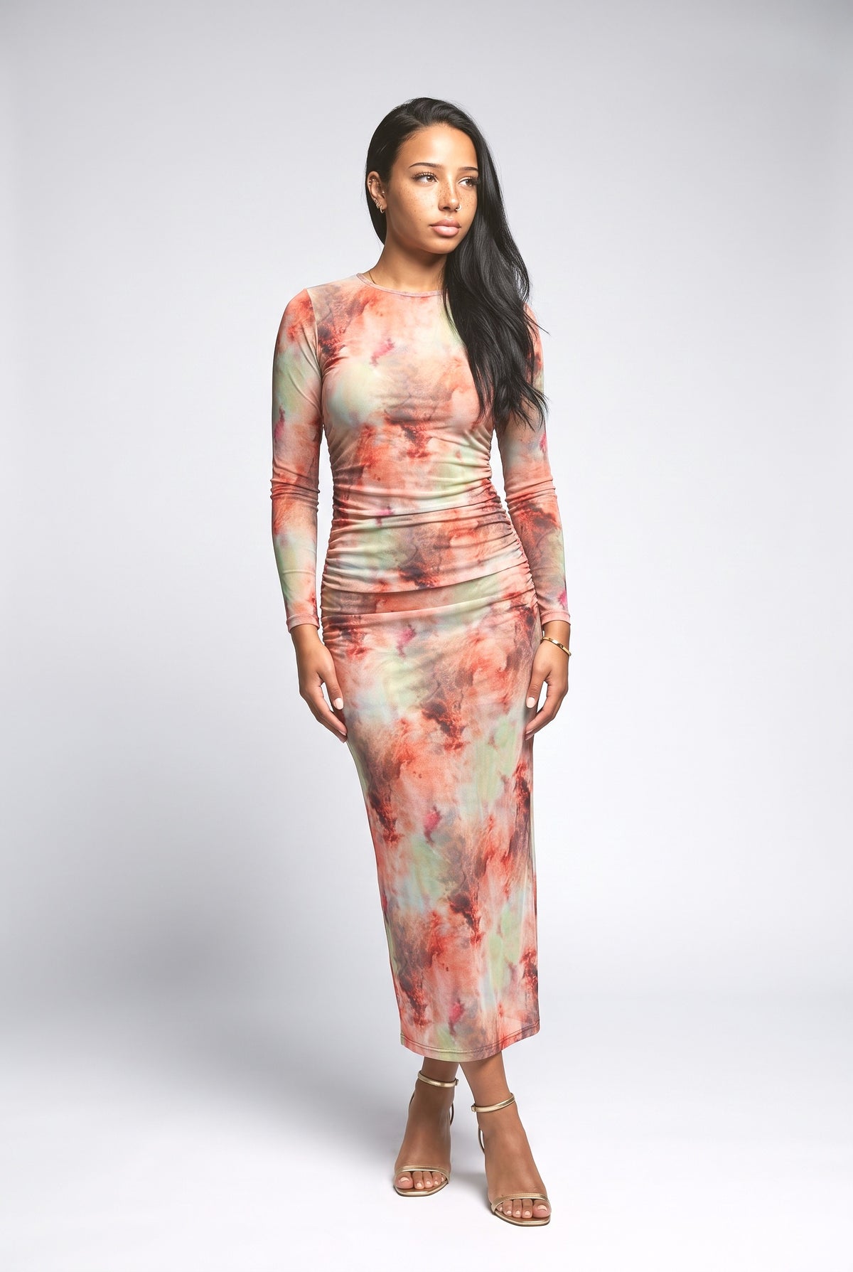 Tie-Dye Mesh Long Sleeve Ruched Midi Dress, pink