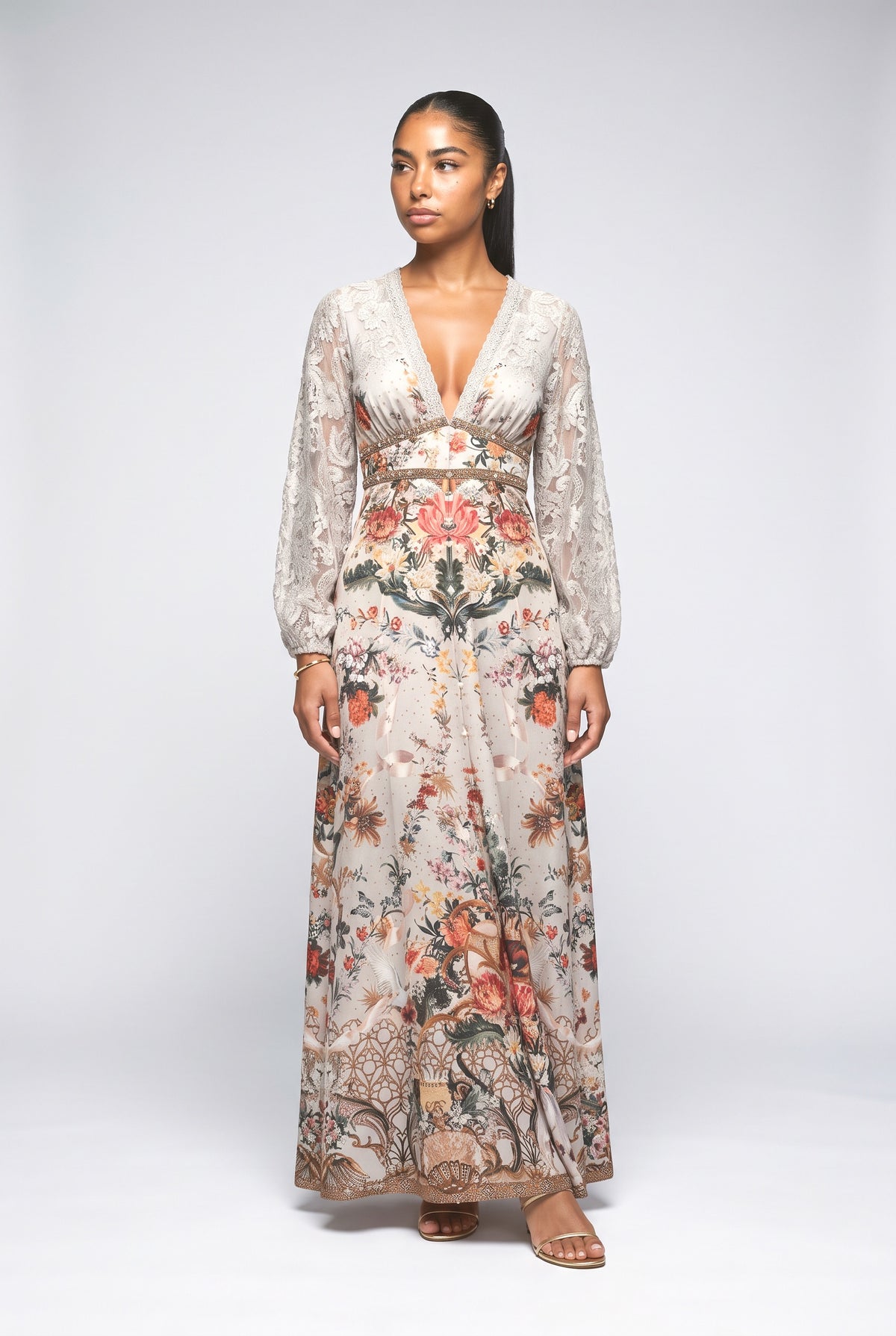 Pink Print Lace Maxi Dress, pink