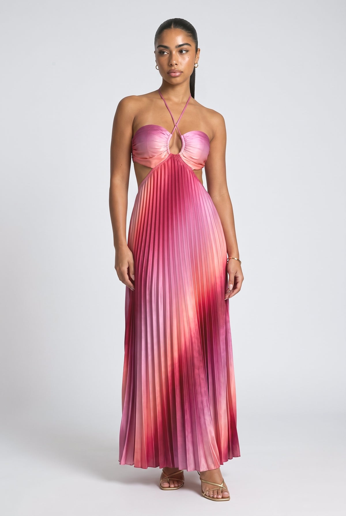 Ombre Halter Pleated Maxi Dress, pink