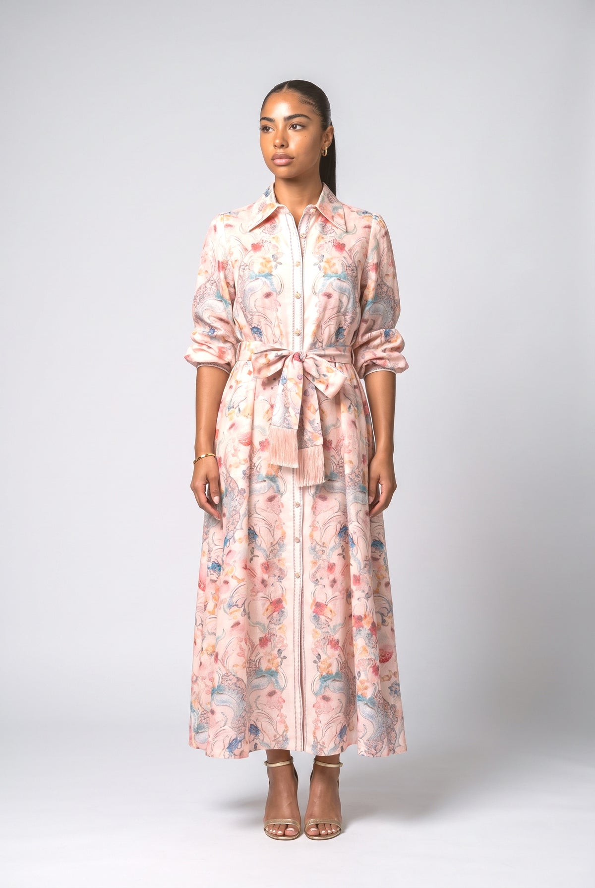 Pastel Print Tie-Front Shirt Maxi Dress, pink