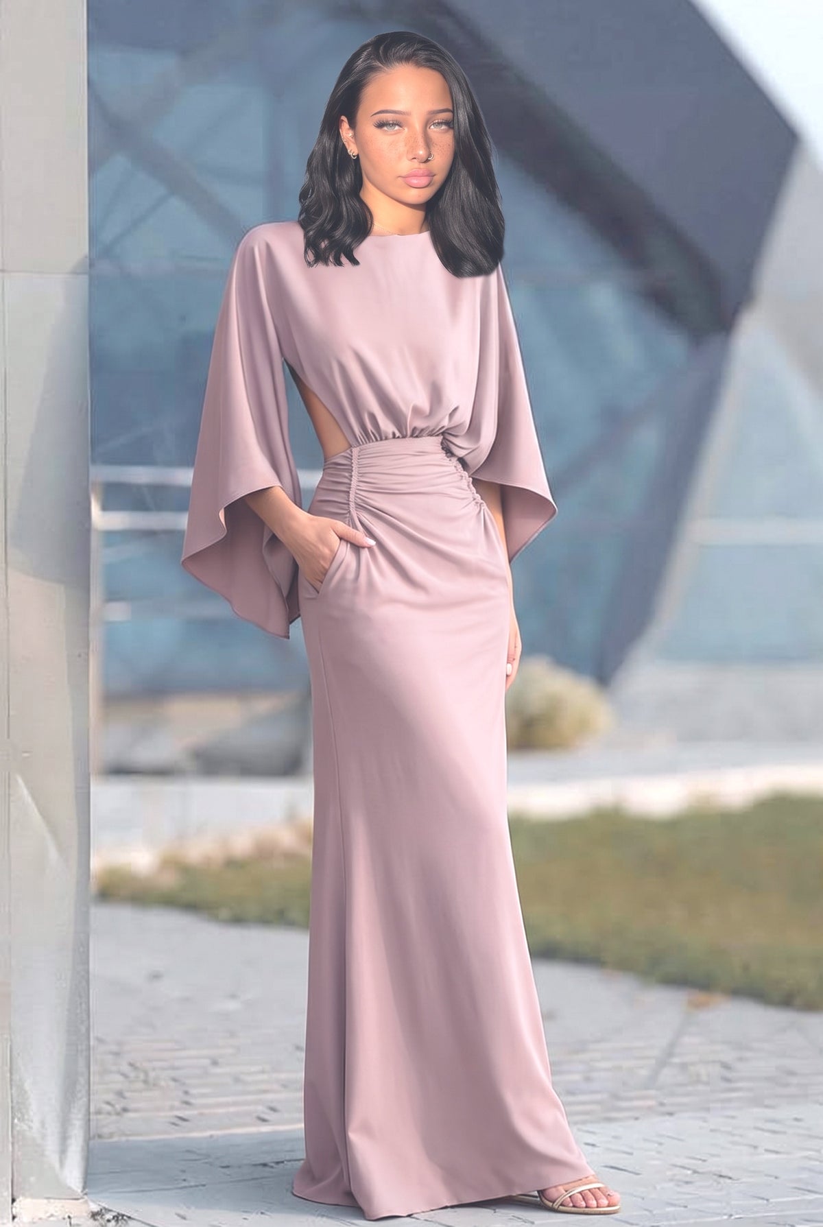 Backless Pleated Maxi Dress, pink